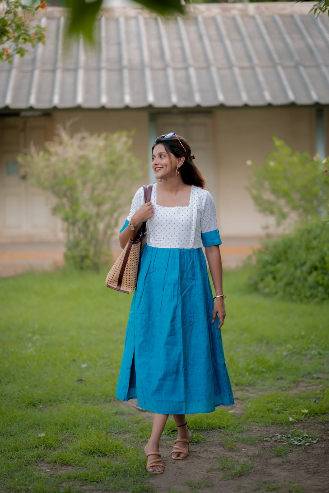 Dress 12 - Chanderi cotton dress in white and blue