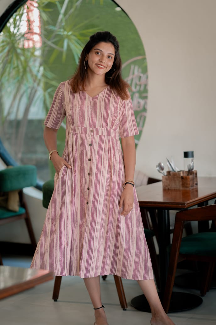 Dress 5 - Stripes printed organic cotton dress in Purple and cream