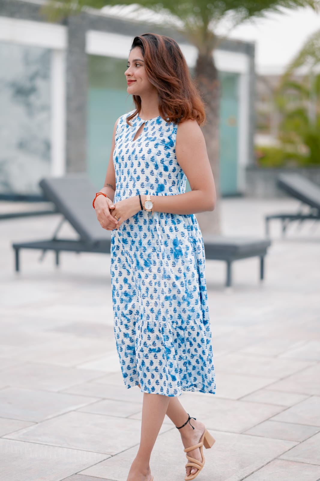 Dress 1 - Floral handblock printed cotton dress in indigo