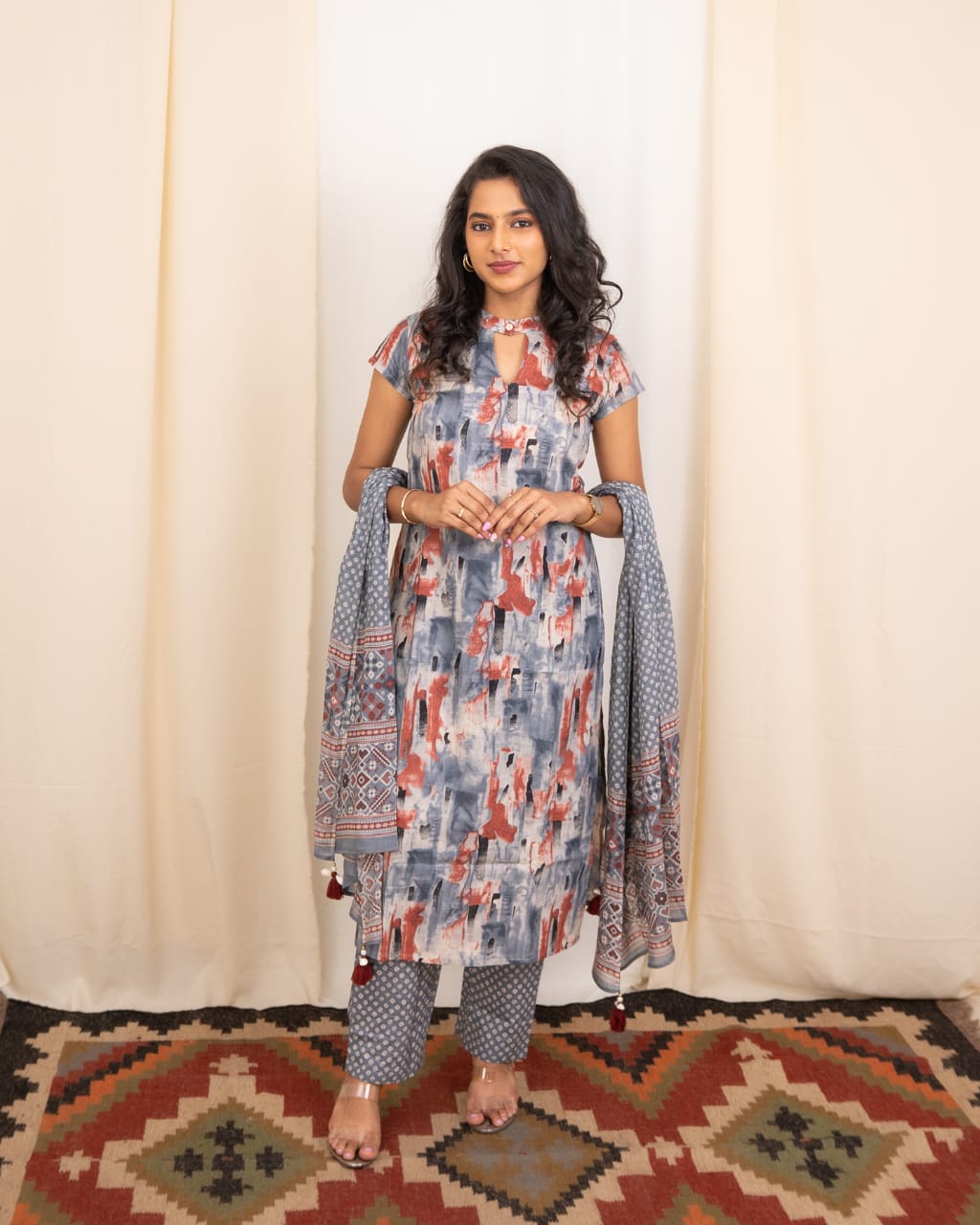 Dhaanvi - abstract printed cotton suit set with bandhani trousers and matching dupatta