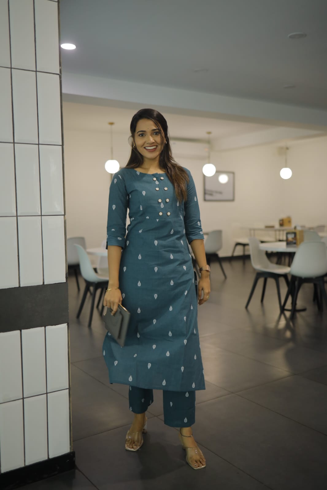 Pari coord set  -  handloom cotton with handwoven buttas  kurta in peacock blue