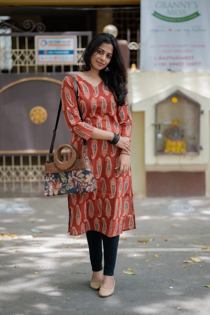 Kurti 84 -  Kantha hand block printed cotton kurta with stripes in red and blue