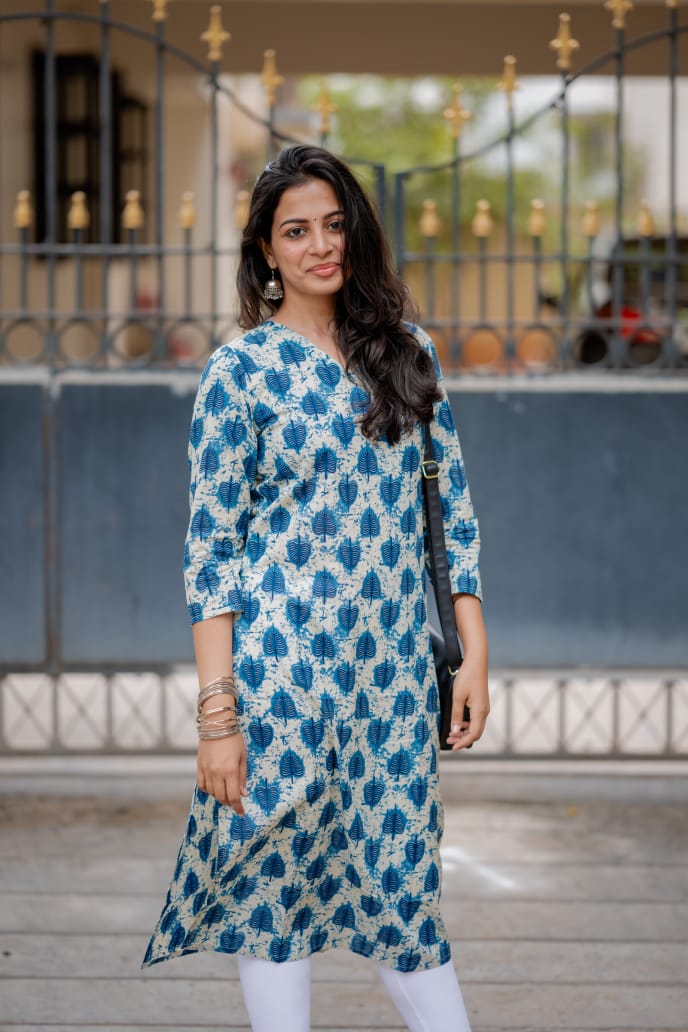 Kurti 86 -  Leaf hand block printed cotton kurta in white and blue