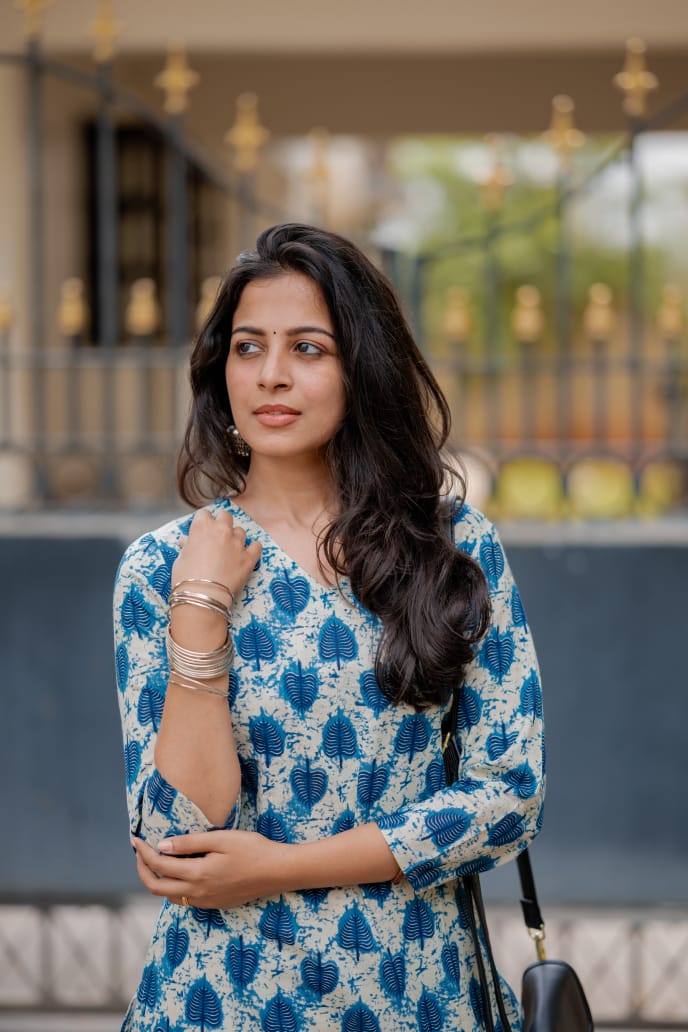 Kurti 86 -  Leaf hand block printed cotton kurta in white and blue