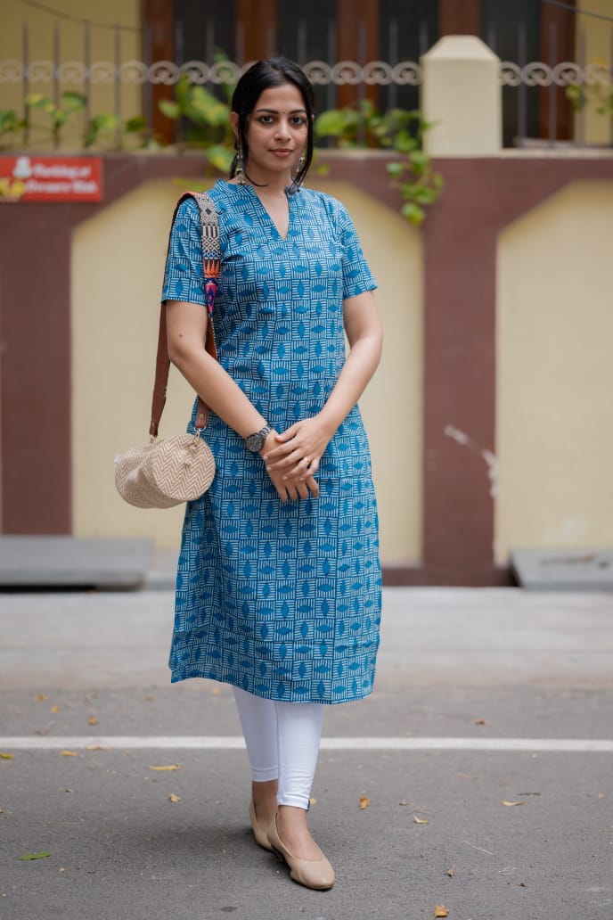 Kurti 81 -  abstract hand block printed cotton kurta in blue