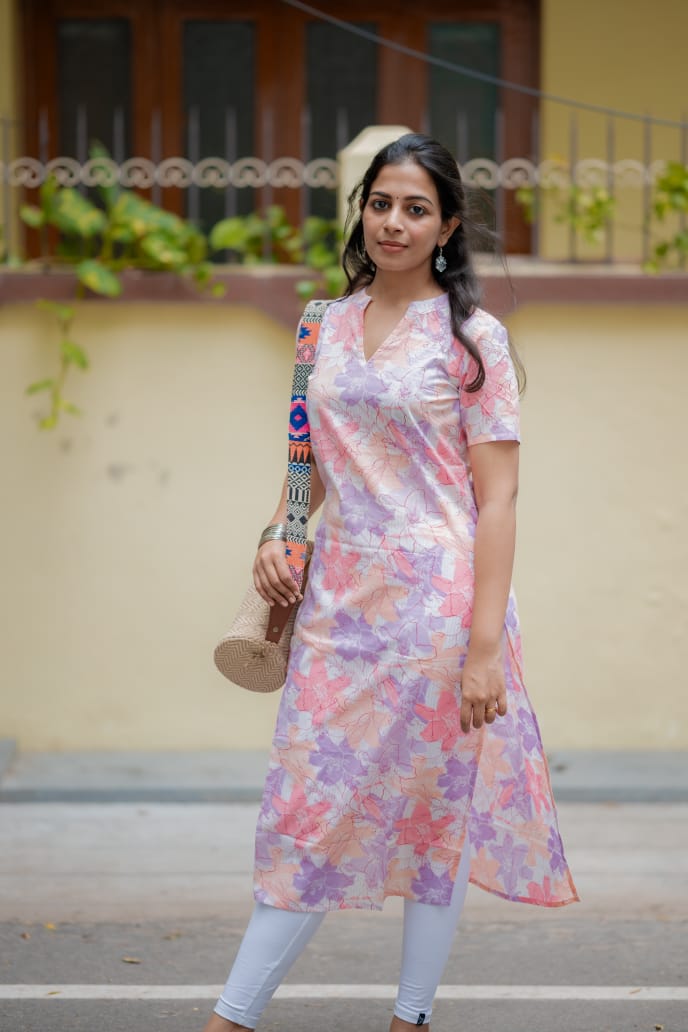 Kurti 82 -  floral hand block printed cotton kurta in multicolour