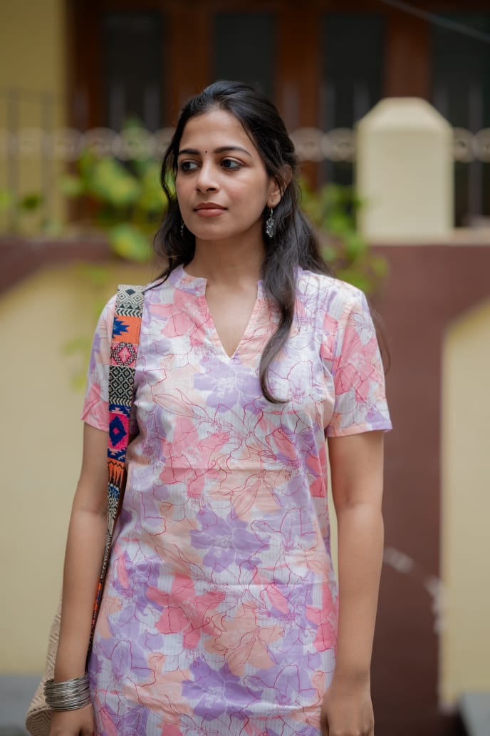 Kurti 82 -  floral hand block printed cotton kurta in multicolour