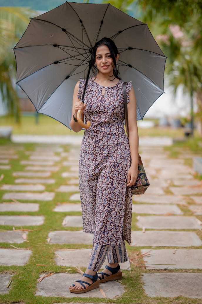 Suhana - Kalamkari hand block printed cotton kurta set in chocolate brown and blue.