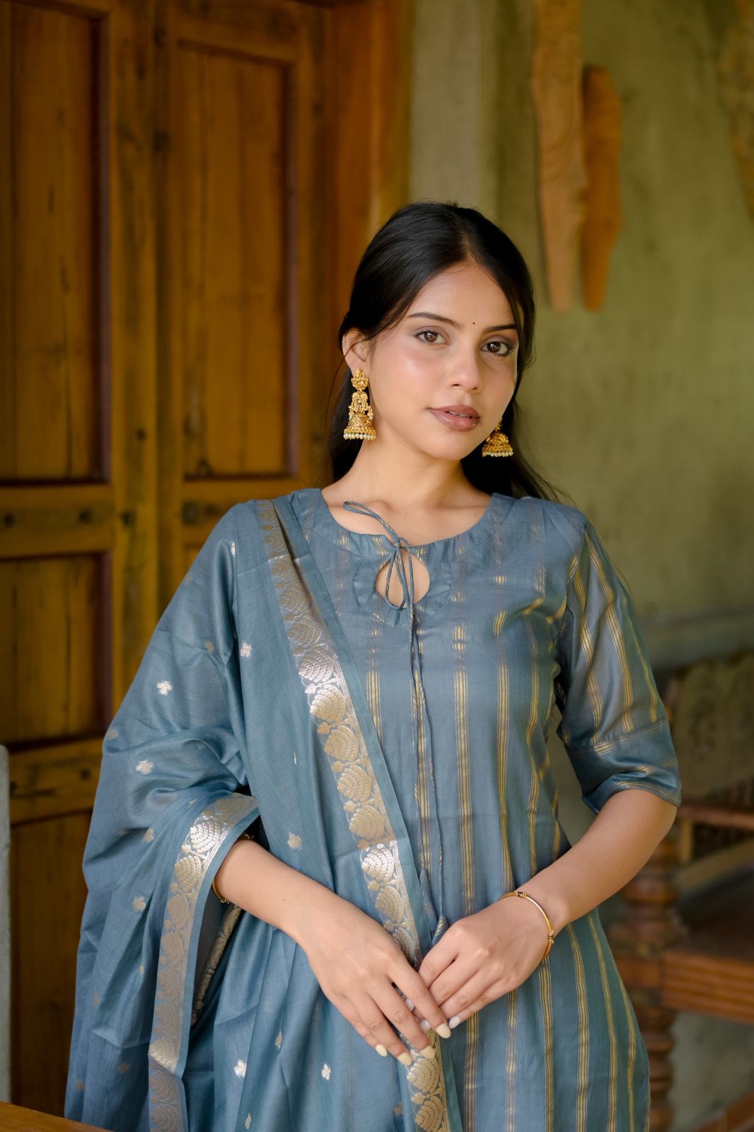 Snehal (Grey) – Pure Chanderi Silk Suit Set with Tussar Banaras Silk Dupatta