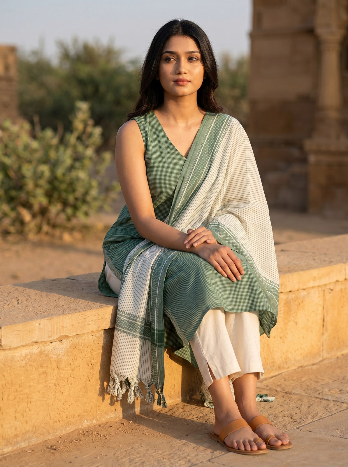 Ilaveni (Mint Green) – Subtle Checks Handloom Cotton Kurta Set with Dupatta in Mint Green