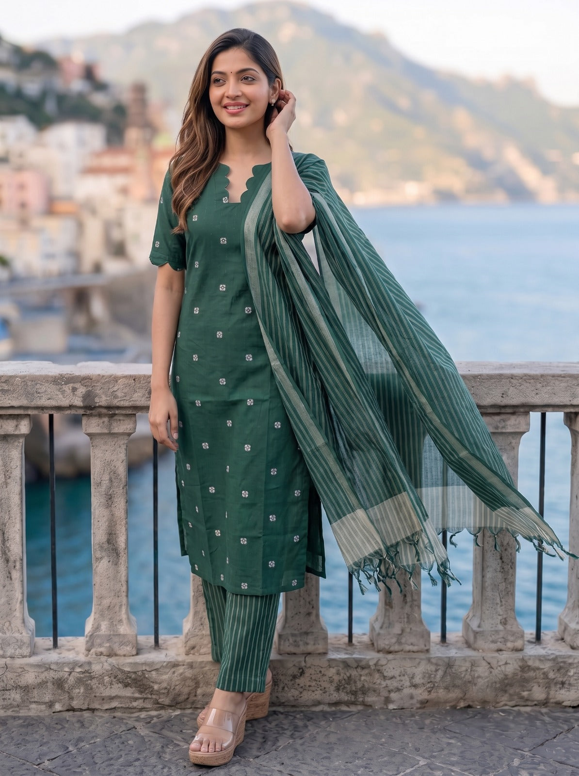 Kaveena (Emerald Green) – Silver Butta Handloom Cotton Kurta Set with Dupatta in Emerald Green