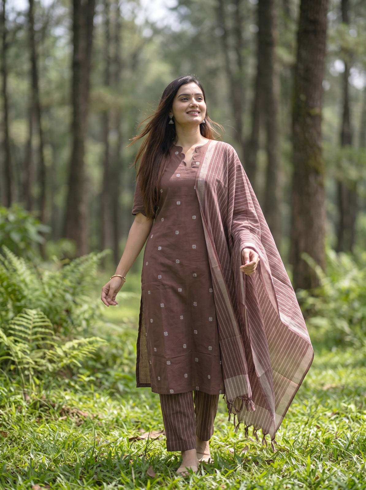 Kaveena (Cocoa Brown) – Silver Butta Handloom Cotton Kurta Set with Dupatta in Cocoa Brown