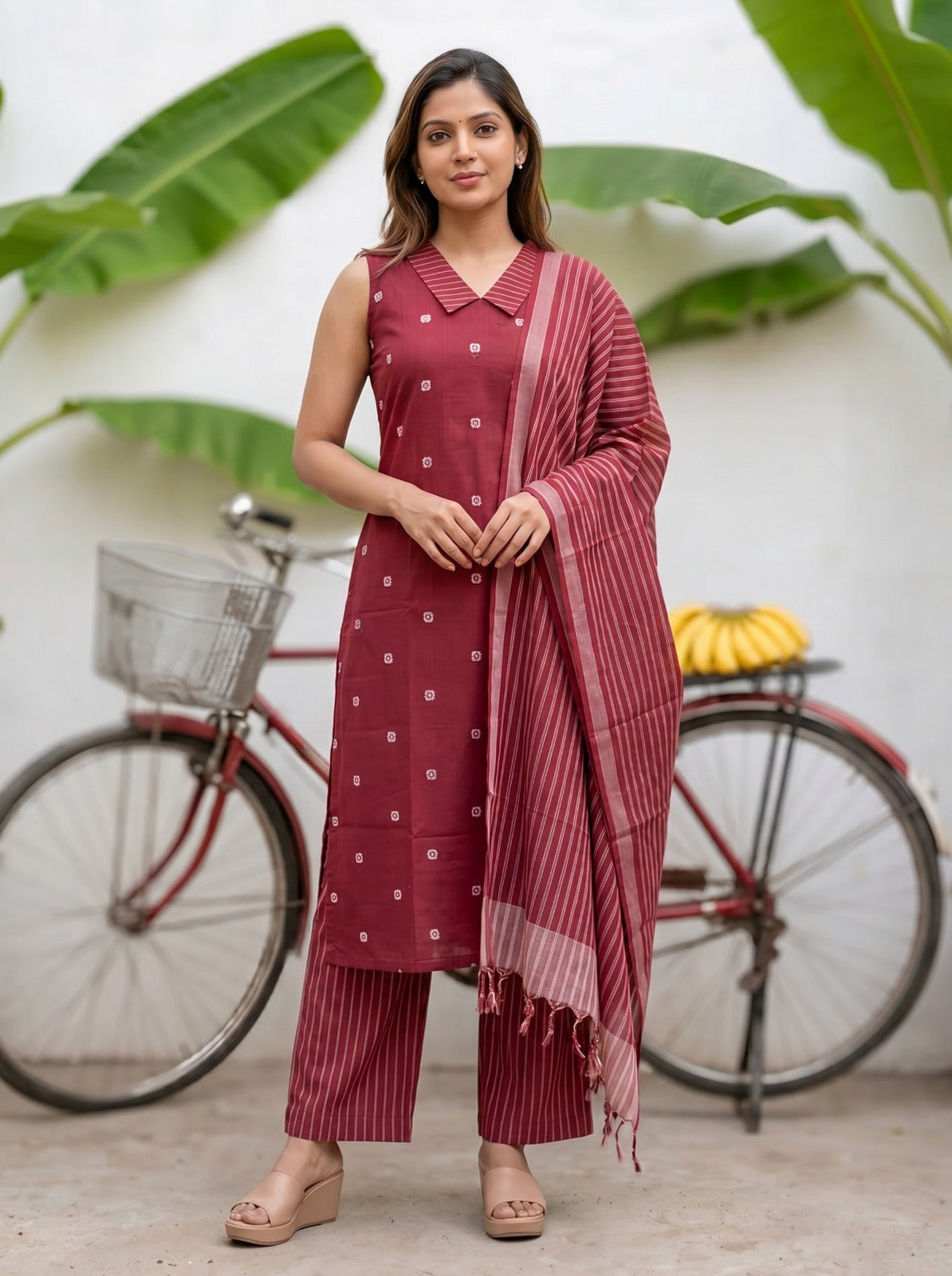 Kaveena (Maroon) – Silver Butta Handloom Cotton Kurta Set with Dupatta in Wine Maroon