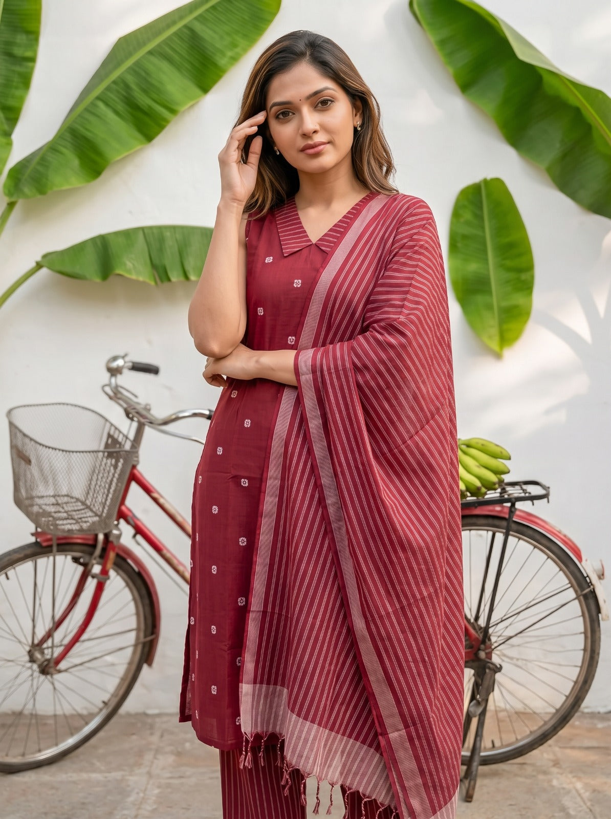 Kaveena (Maroon) – Silver Butta Handloom Cotton Kurta Set with Dupatta in Wine Maroon