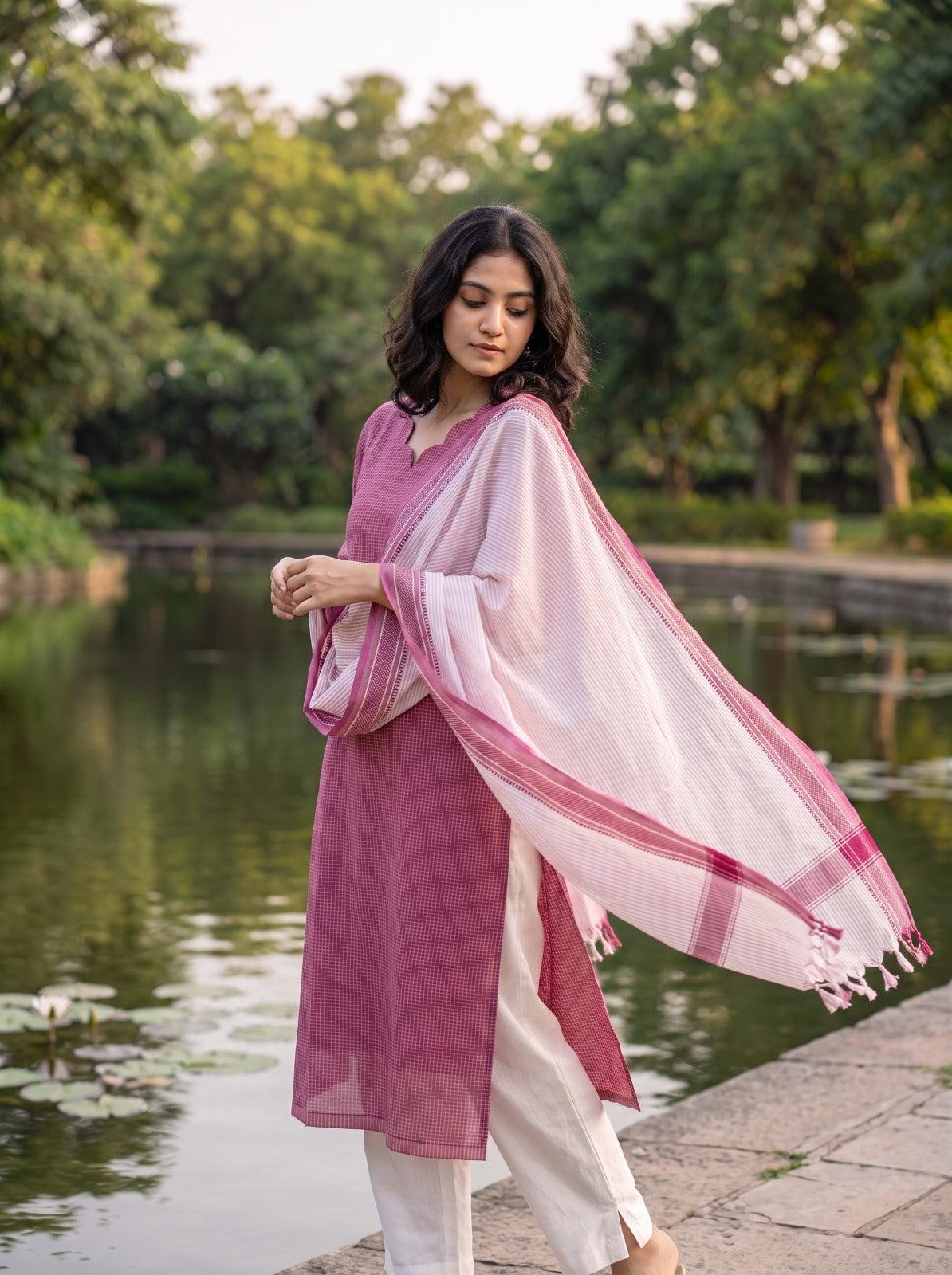 Ilaveni (Rose Pink) – Subtle Checks Handloom Cotton Kurta Set with Dupatta in Rose Pink