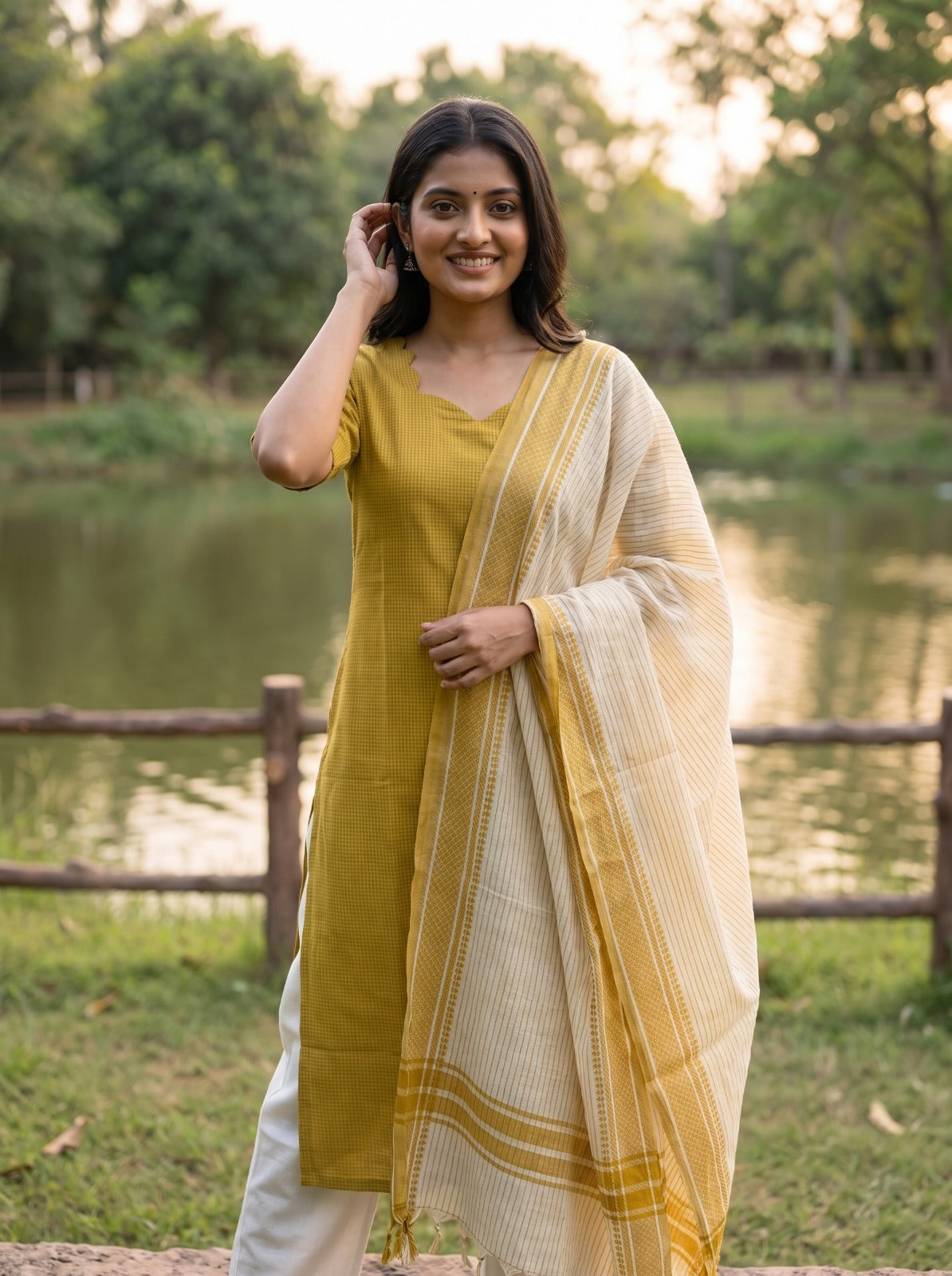 Ilaveni (Mustard Yellow) – Subtle Checks Handloom Cotton Kurta Set with Dupatta in Mustard Yellow