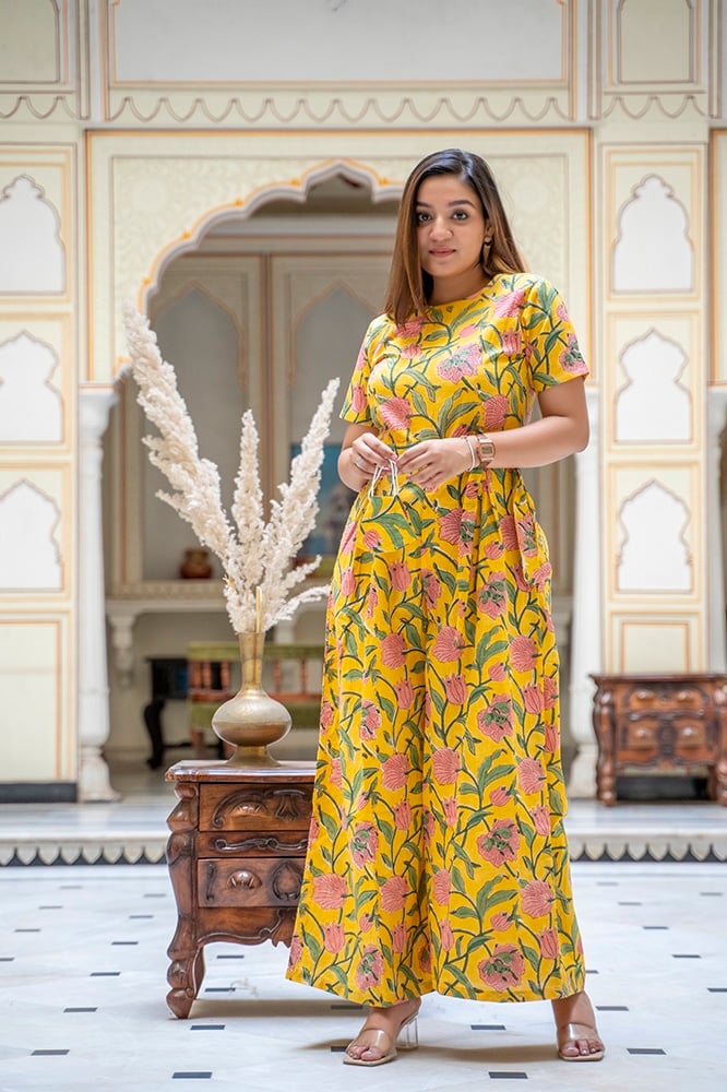 Yellow Floral Flair Jumpsuit- floral handblock printed organic cotton jumpsuit with floral belt in yellow