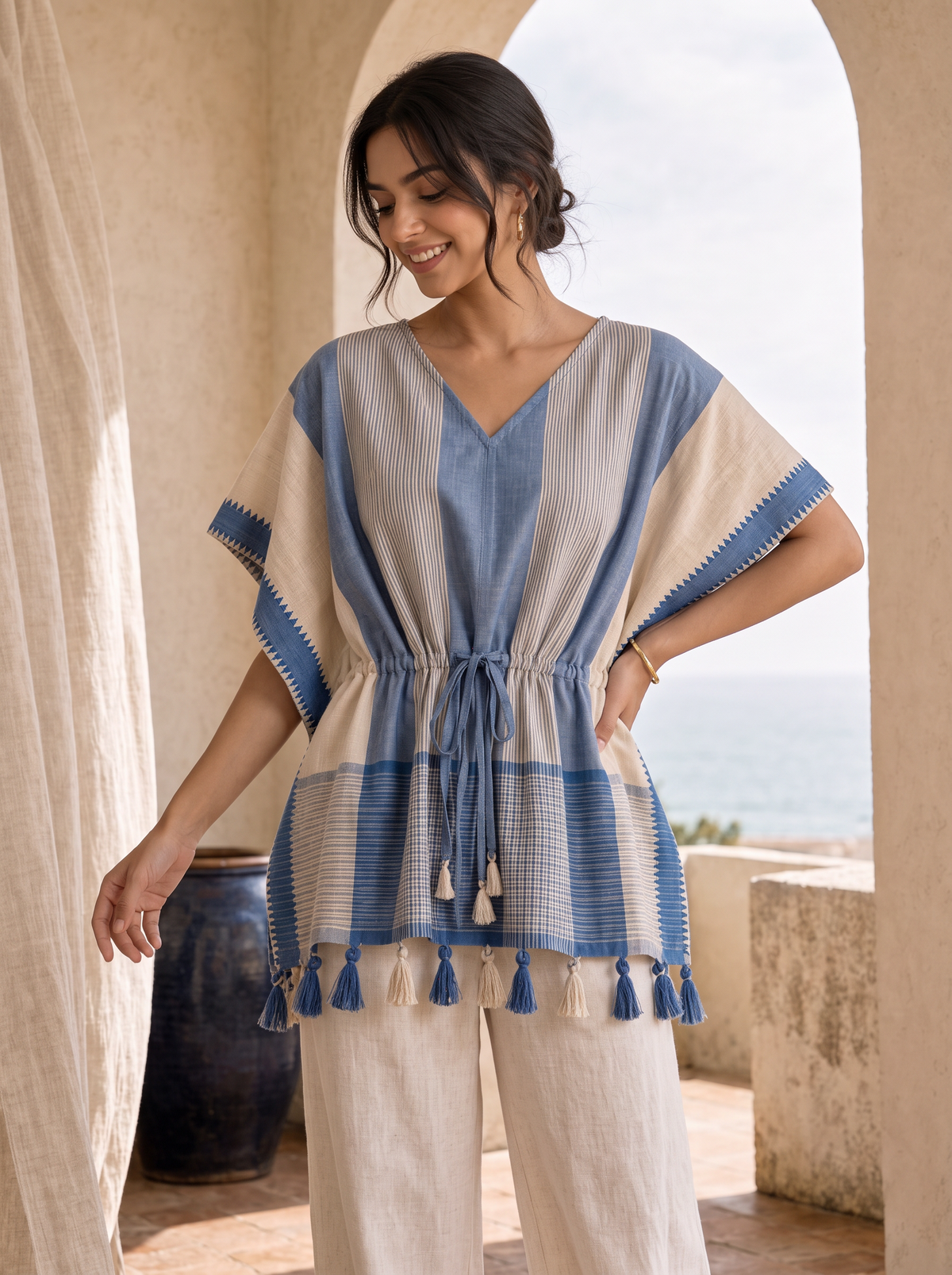 Kaftan Top #106 – Striped Handloom Kaftan Top in Powder Blue & Beige