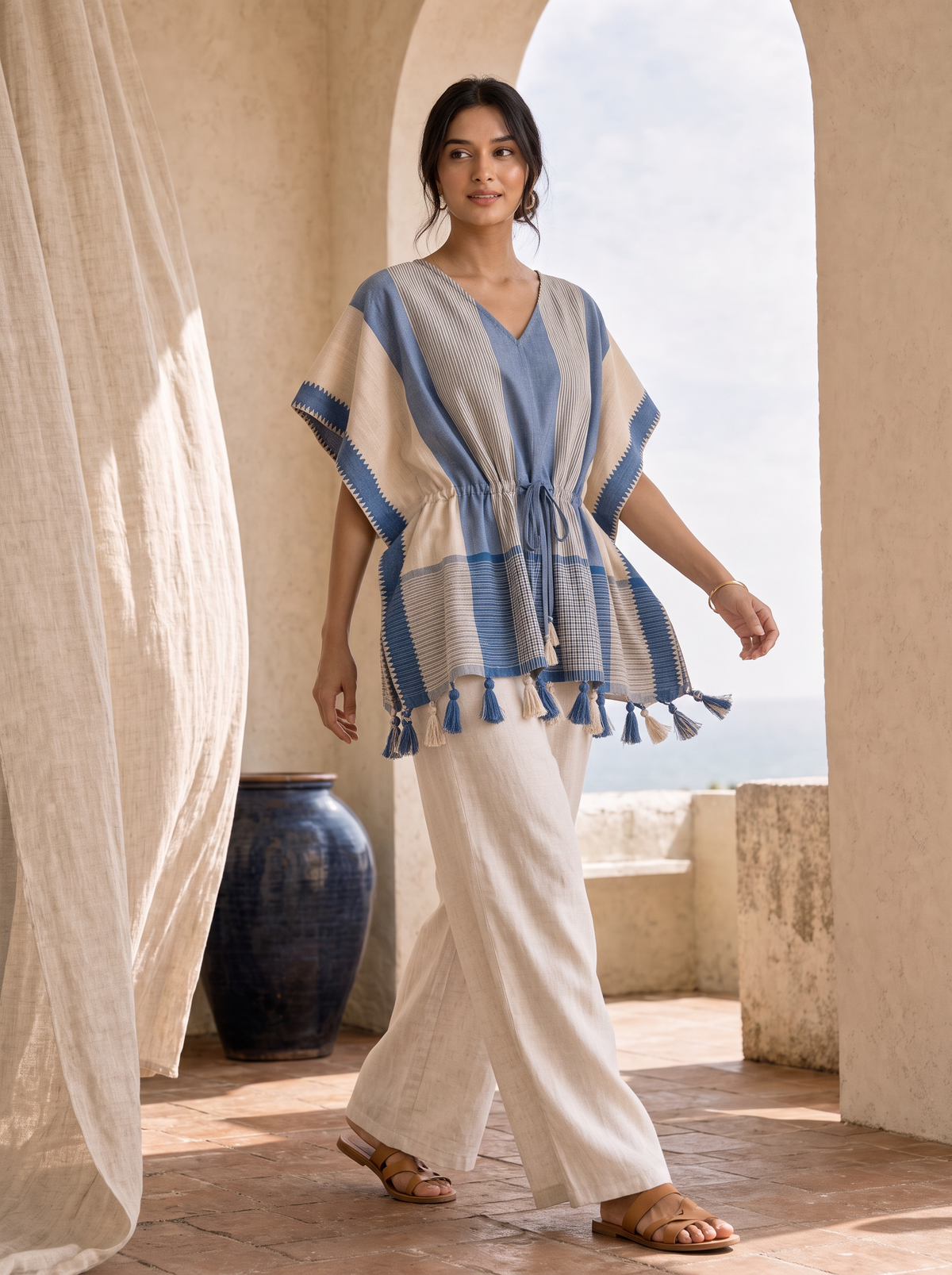 Kaftan Top #106 – Striped Handloom Kaftan Top in Powder Blue & Beige