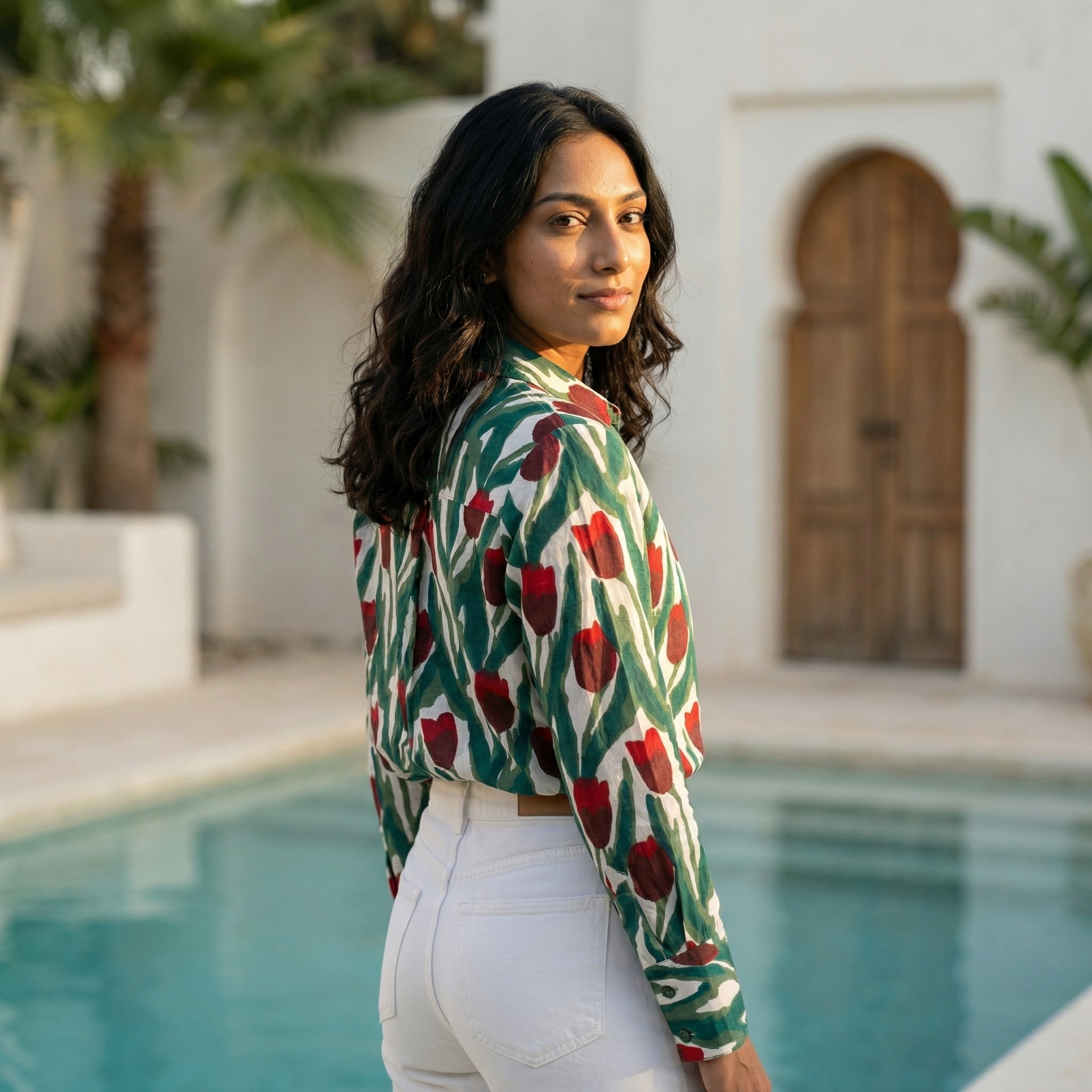 Women's shirt 39- Tulip printed organic cotton shirt in dark green