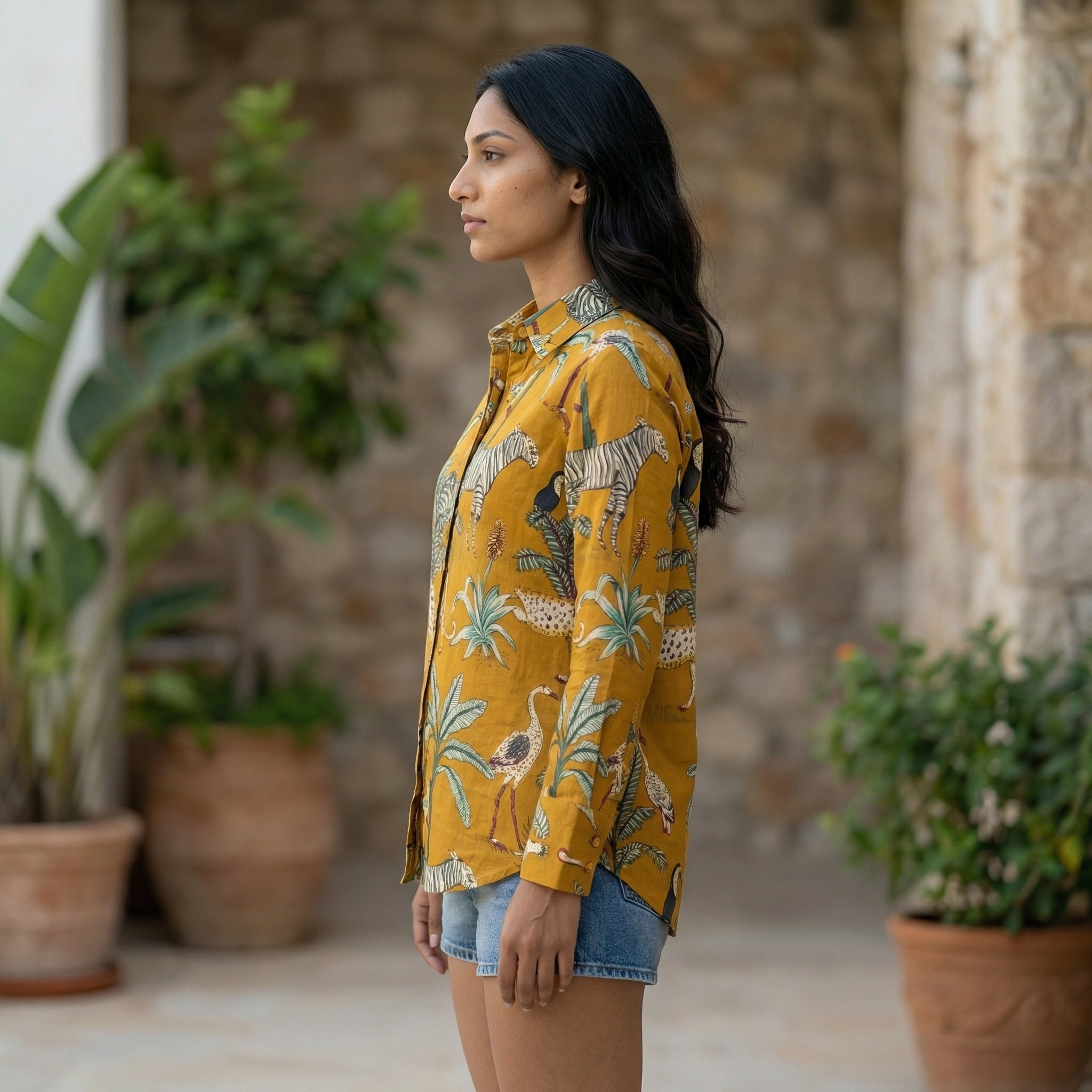 Women's shirt 36-  Jungle printed organic cotton shirt in mustard yellow