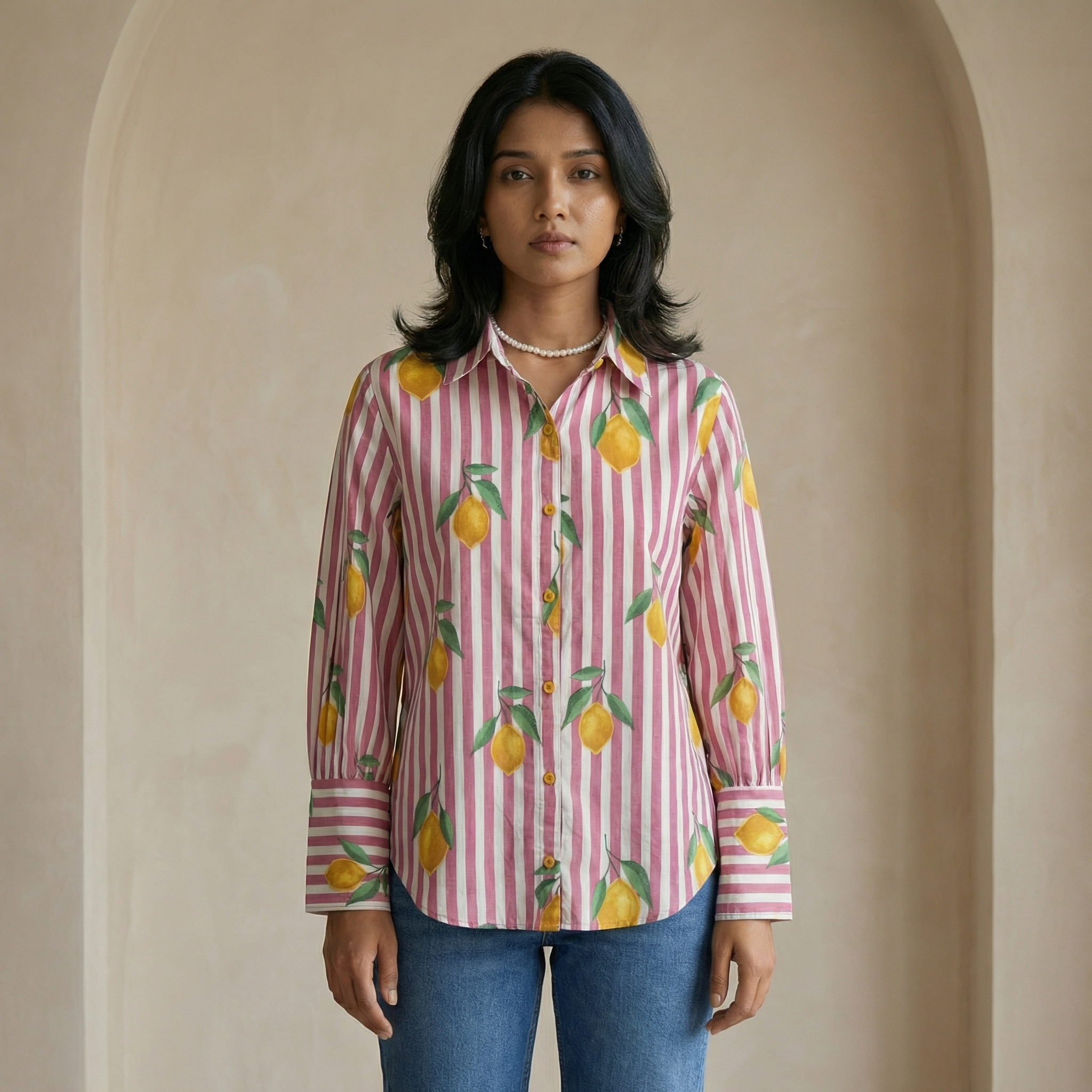 Women's shirt 41- Lemon printed organic cotton shirt in pink