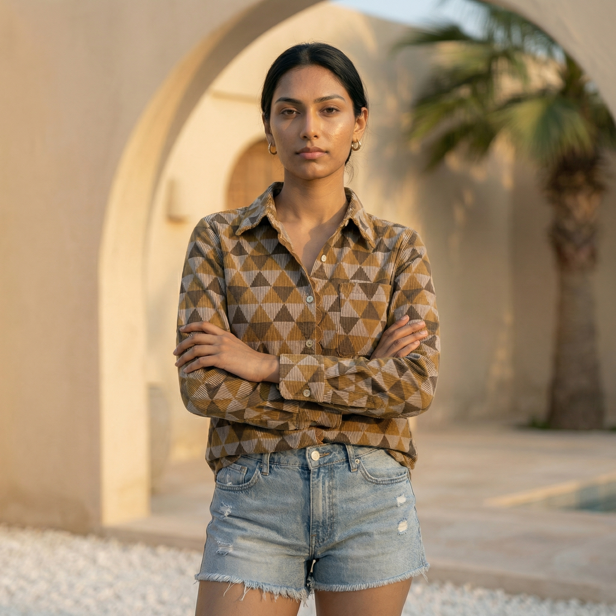 Women's shirt 37-  Geometric pyramid printed organic cotton shirt with scallop detailing in brown