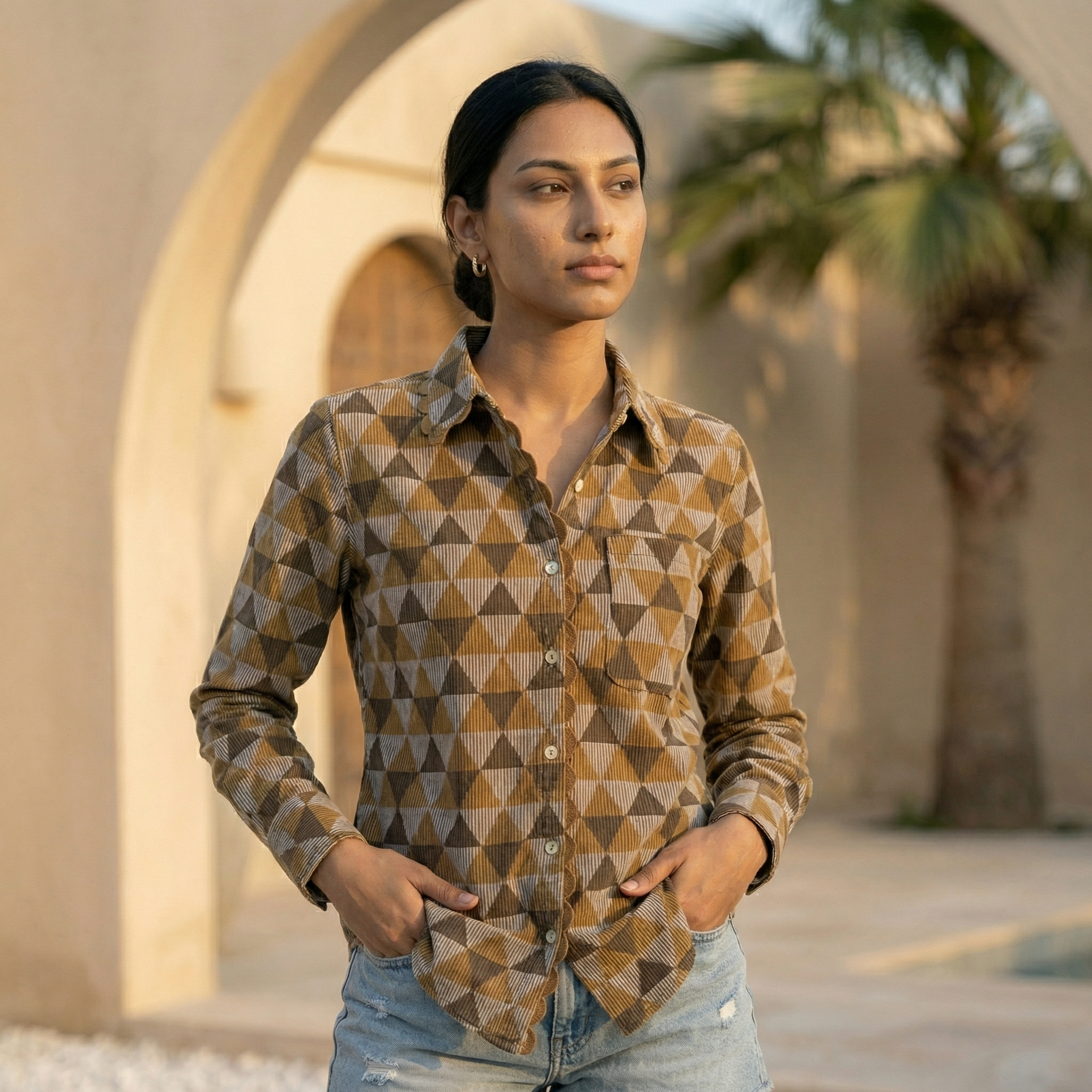 Women's shirt 37-  Geometric pyramid printed organic cotton shirt with scallop detailing in brown