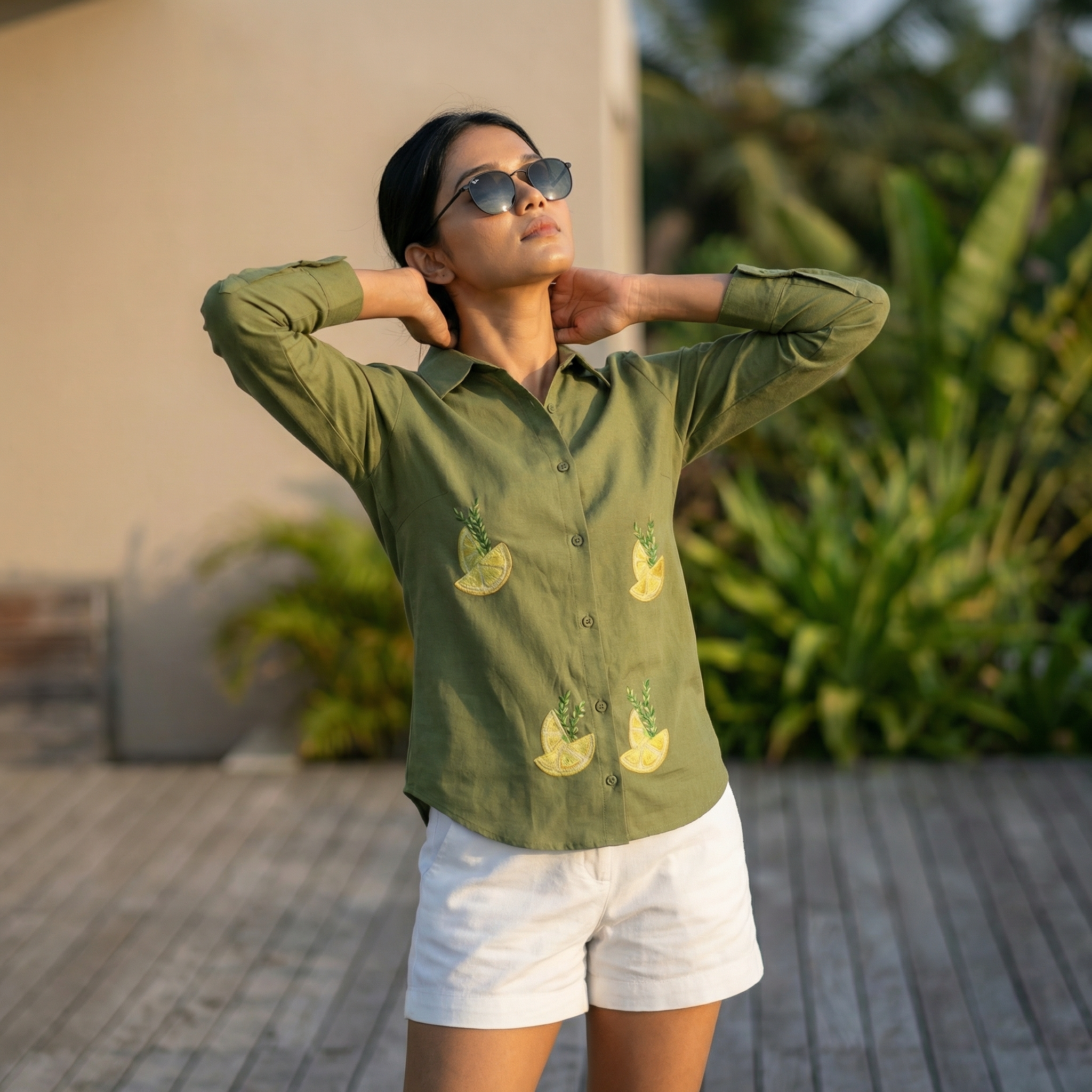 Embroidery shirt 12- Lemon and Rosemary hand painted organic cotton shirt in Olive green