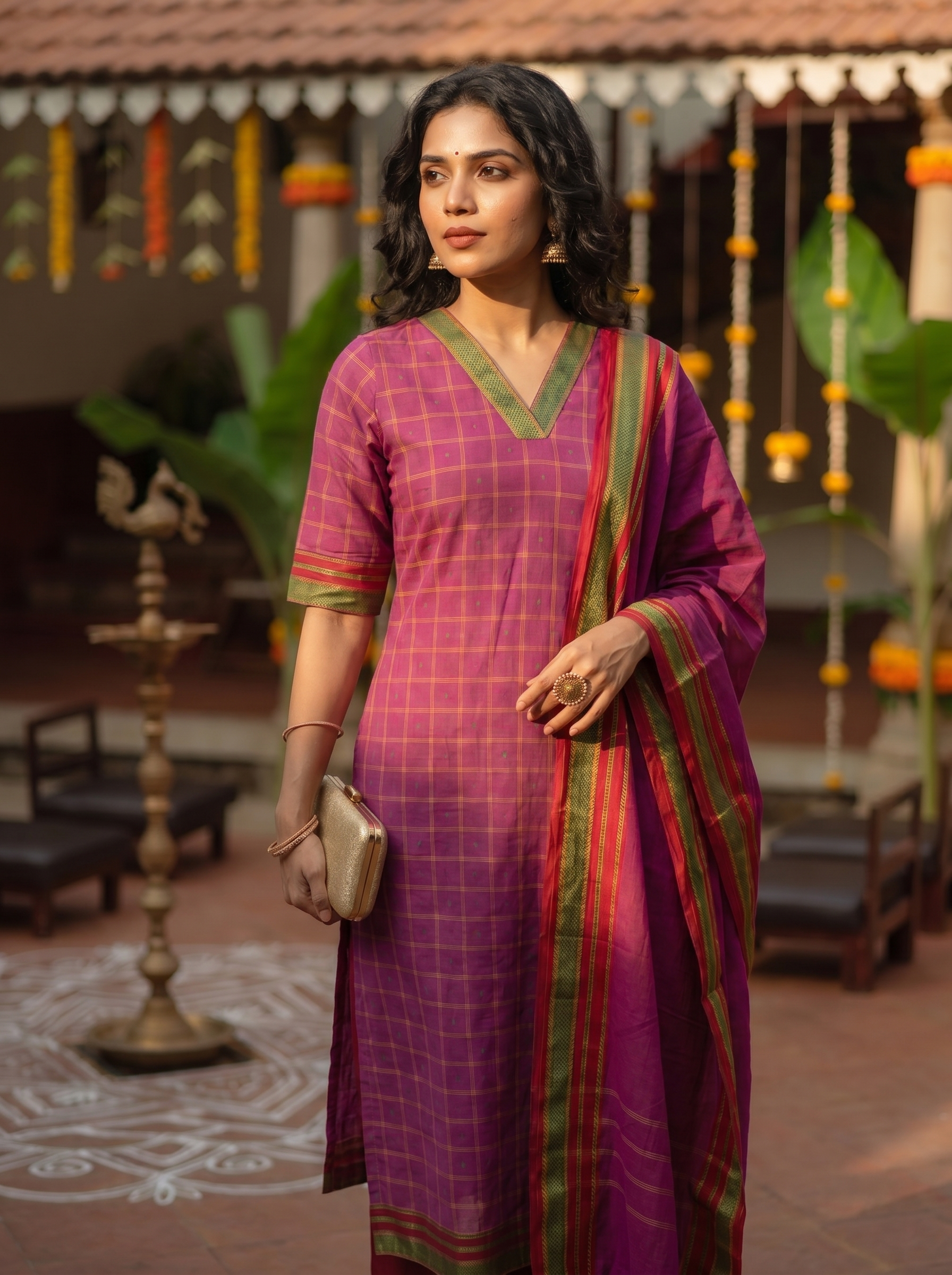 Anicham - kattam and kantha butti handwoven handloom cotton suit set in dark pink