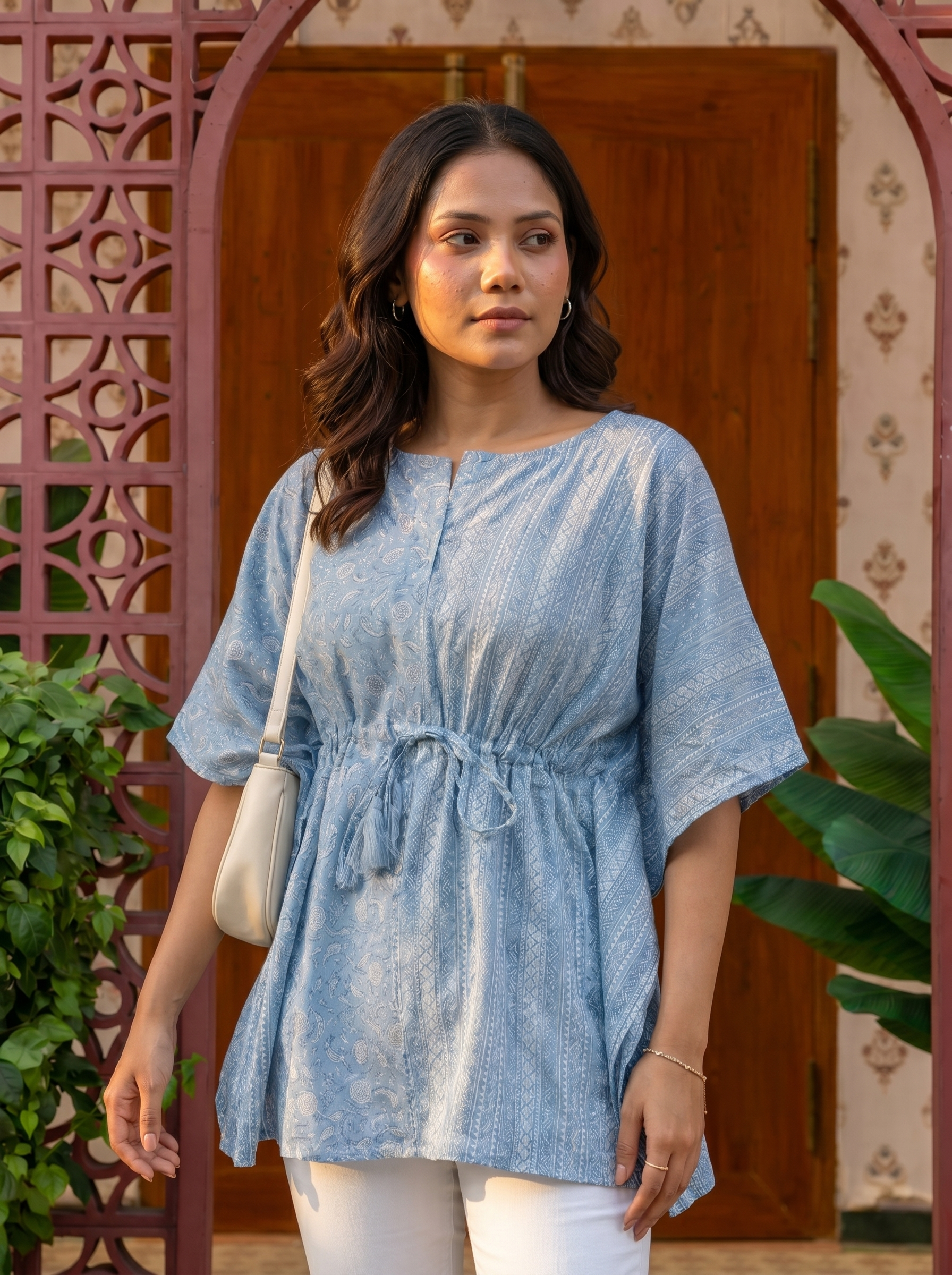 Kaftan Top #57- Abstract printed organic cotton kaftan top in Sky blue