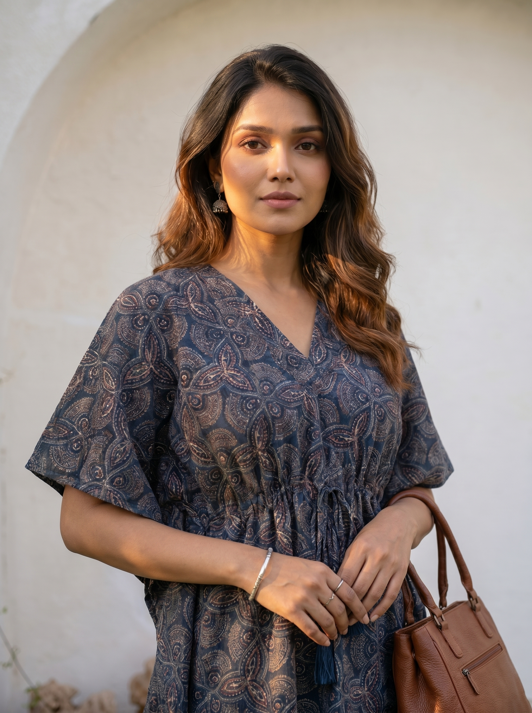 Kaftan Top #56- Leaf printed organic cotton kaftan top in Indigo blue