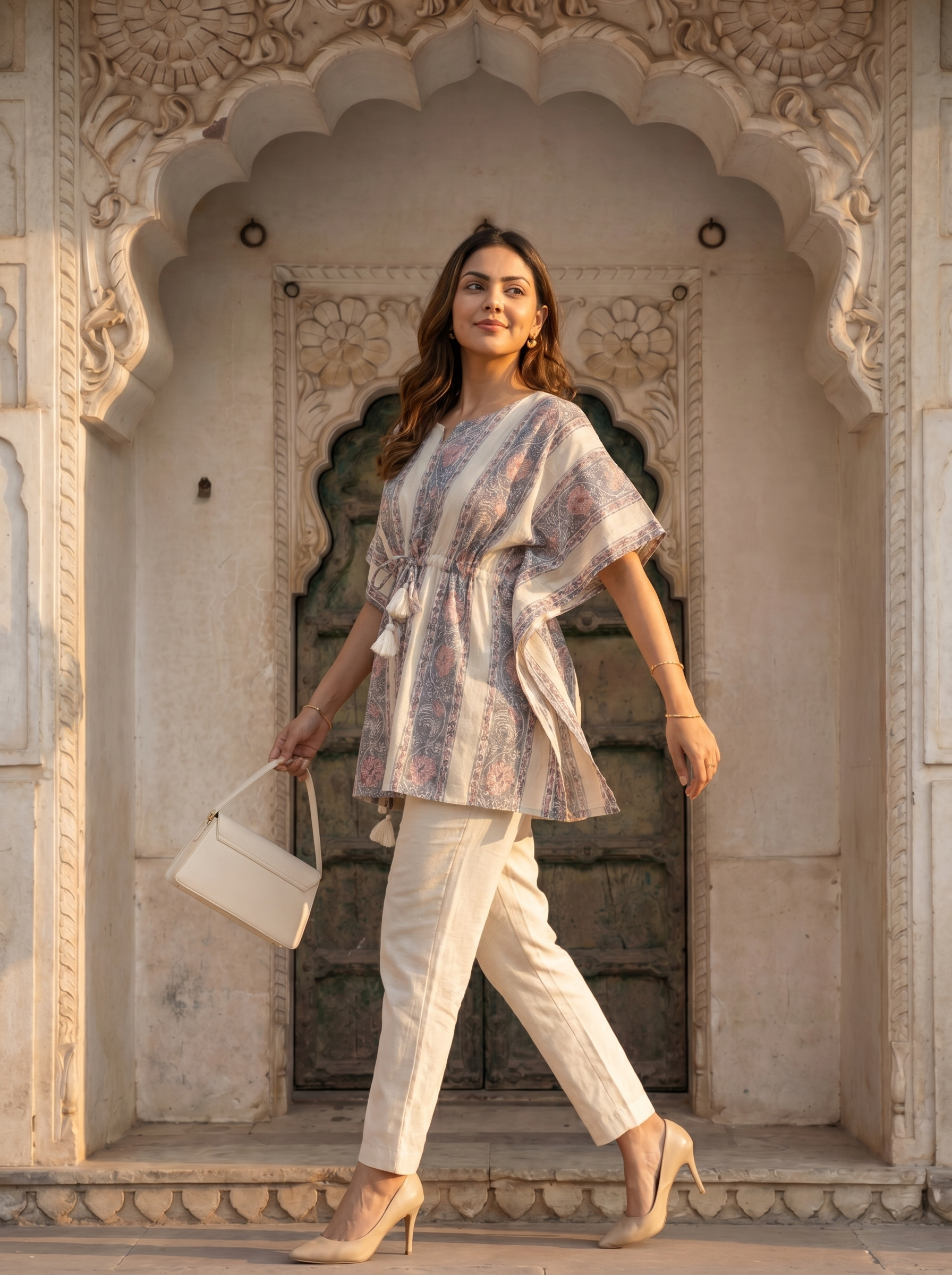 Kaftan Top #58- Floral printed organic cotton kaftan top in Off white