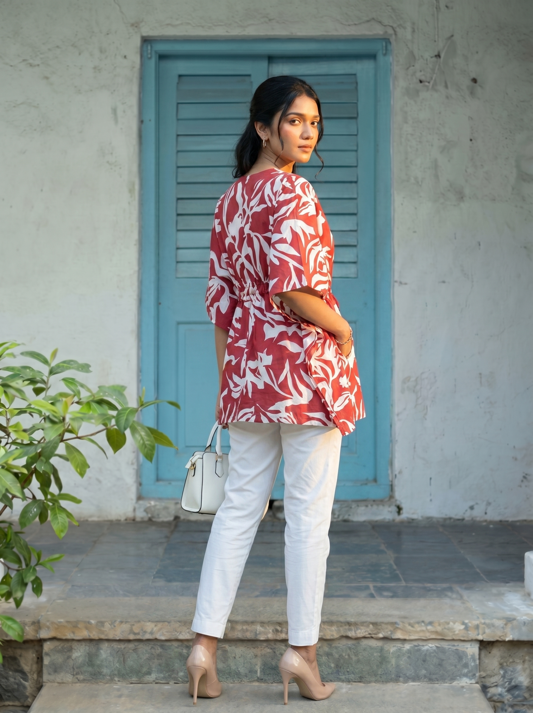 Kaftan Top #51- Floral printed organic cotton kaftan top in Reddish pink