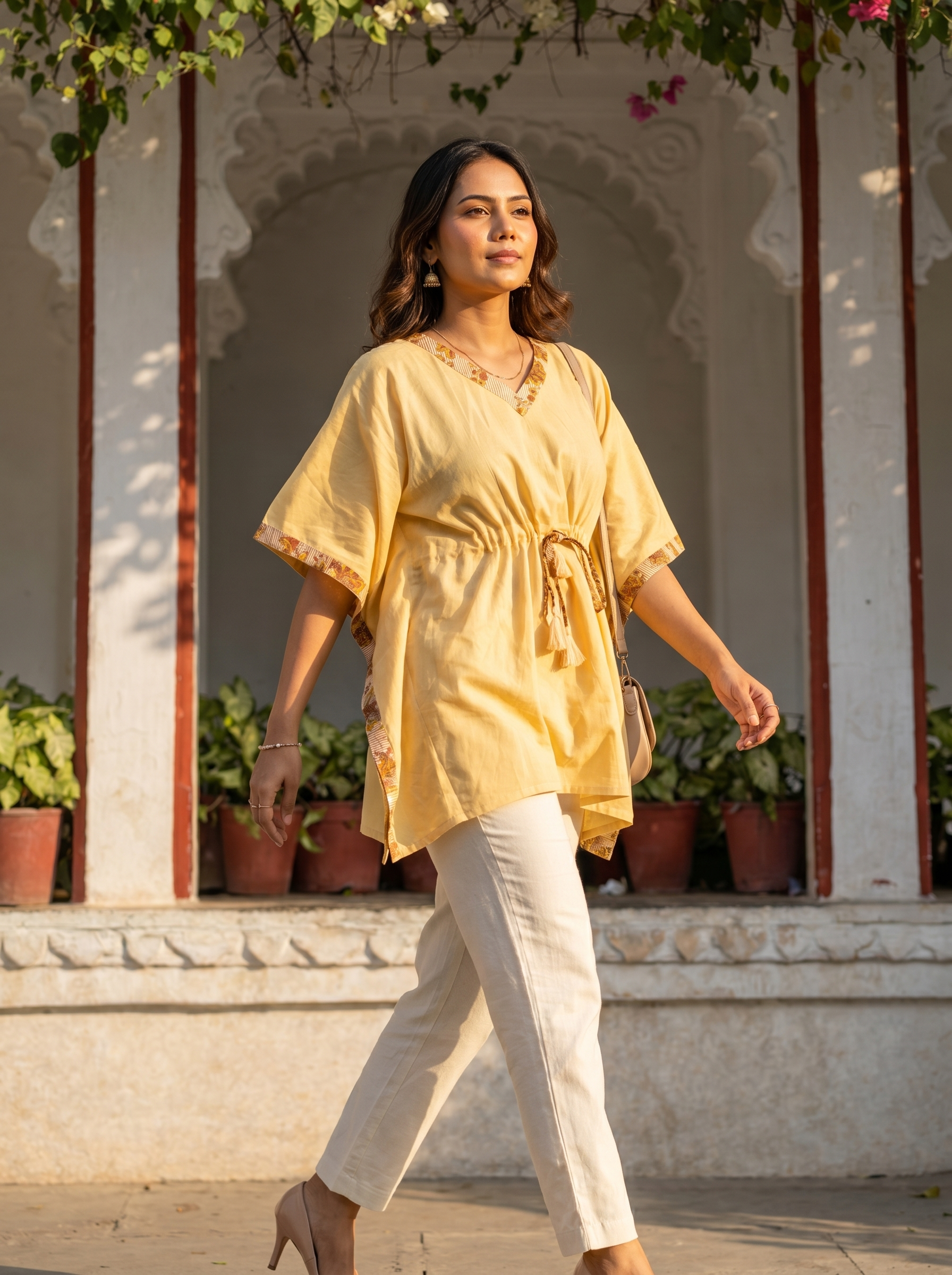 Kaftan Top #50- floral printed organic cotton kaftan top in Pastel yellow