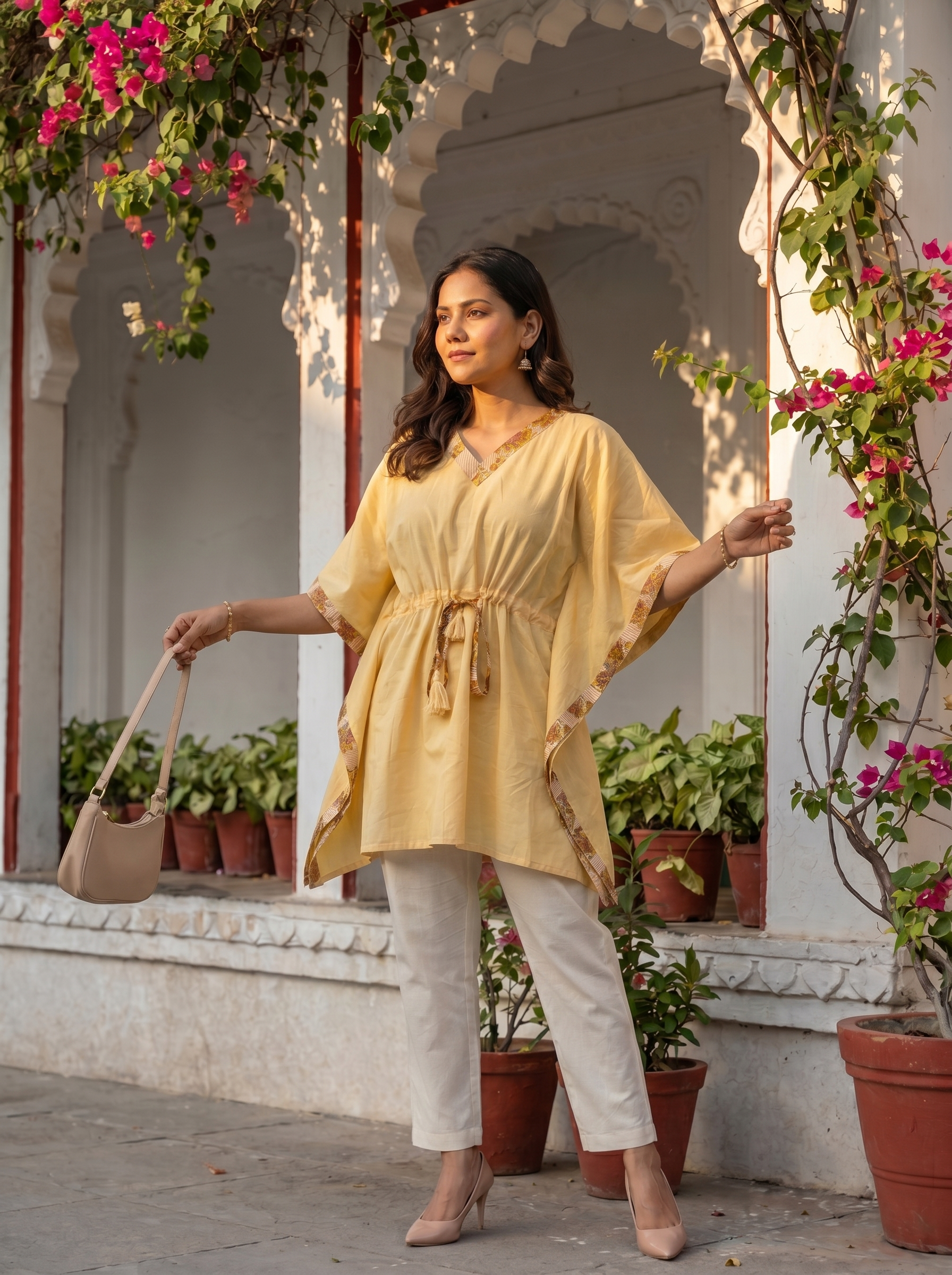 Kaftan Top #50- floral printed organic cotton kaftan top in Pastel yellow
