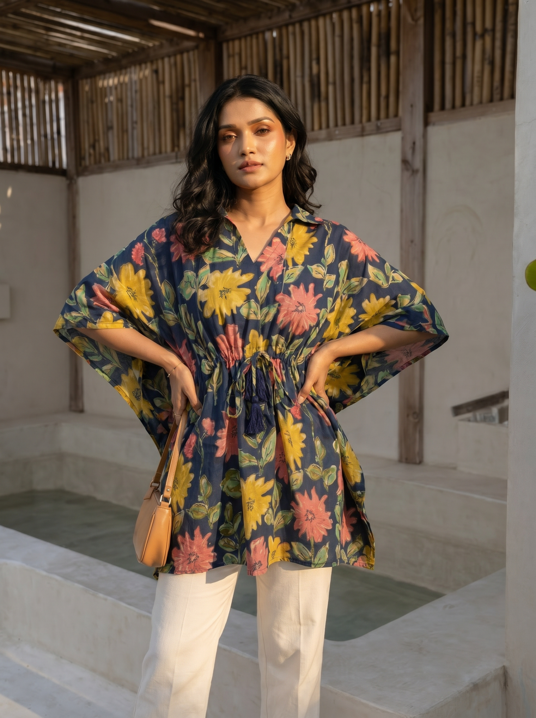 Kaftan Top #49-  Floral printed organic cotton kaftan top in Navy Blue