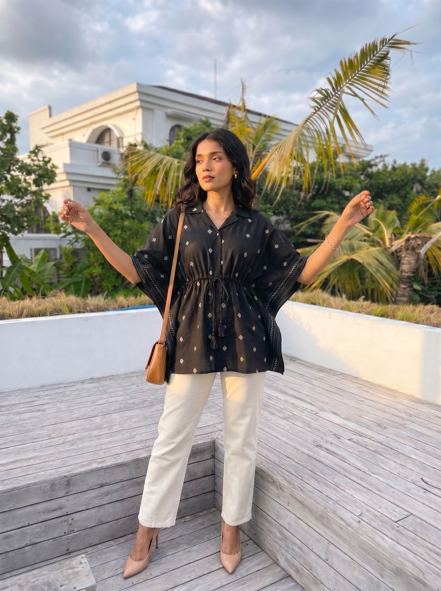 Kaftan Top #48- Diamond  printed organic cotton kaftan top in Black