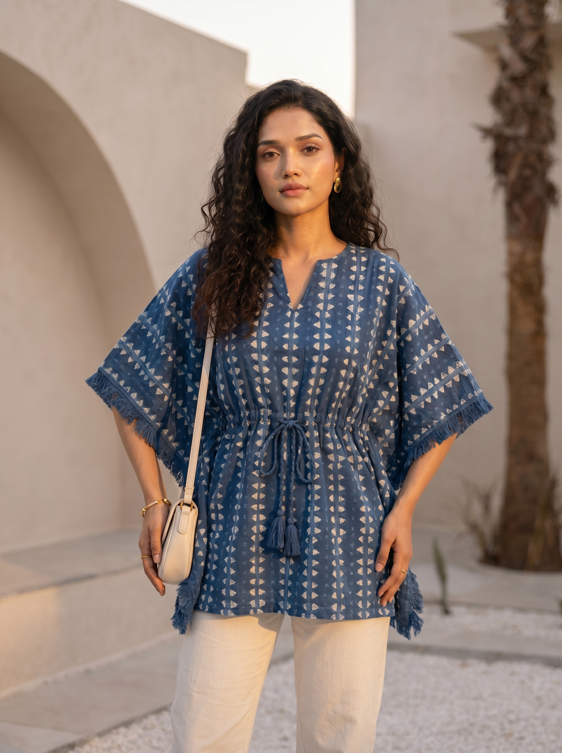 Kaftan Top #45- Stripes printed organic cotton kaftan top in Teal Blue