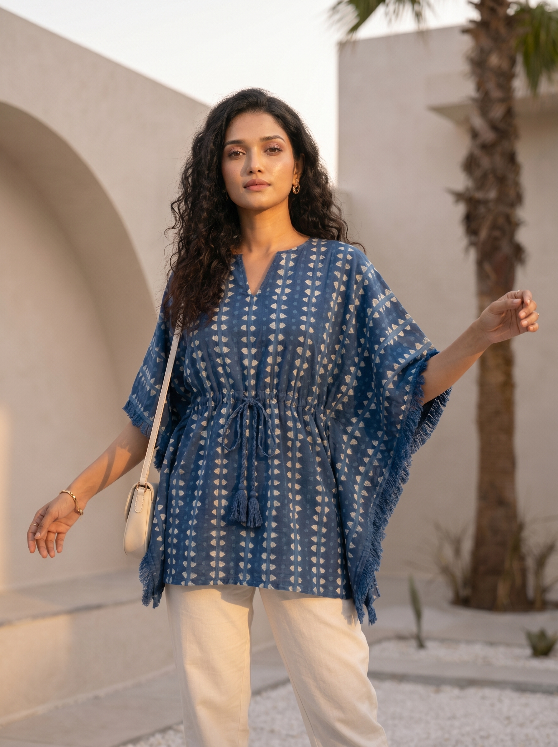 Kaftan Top #45- Stripes printed organic cotton kaftan top in Teal Blue