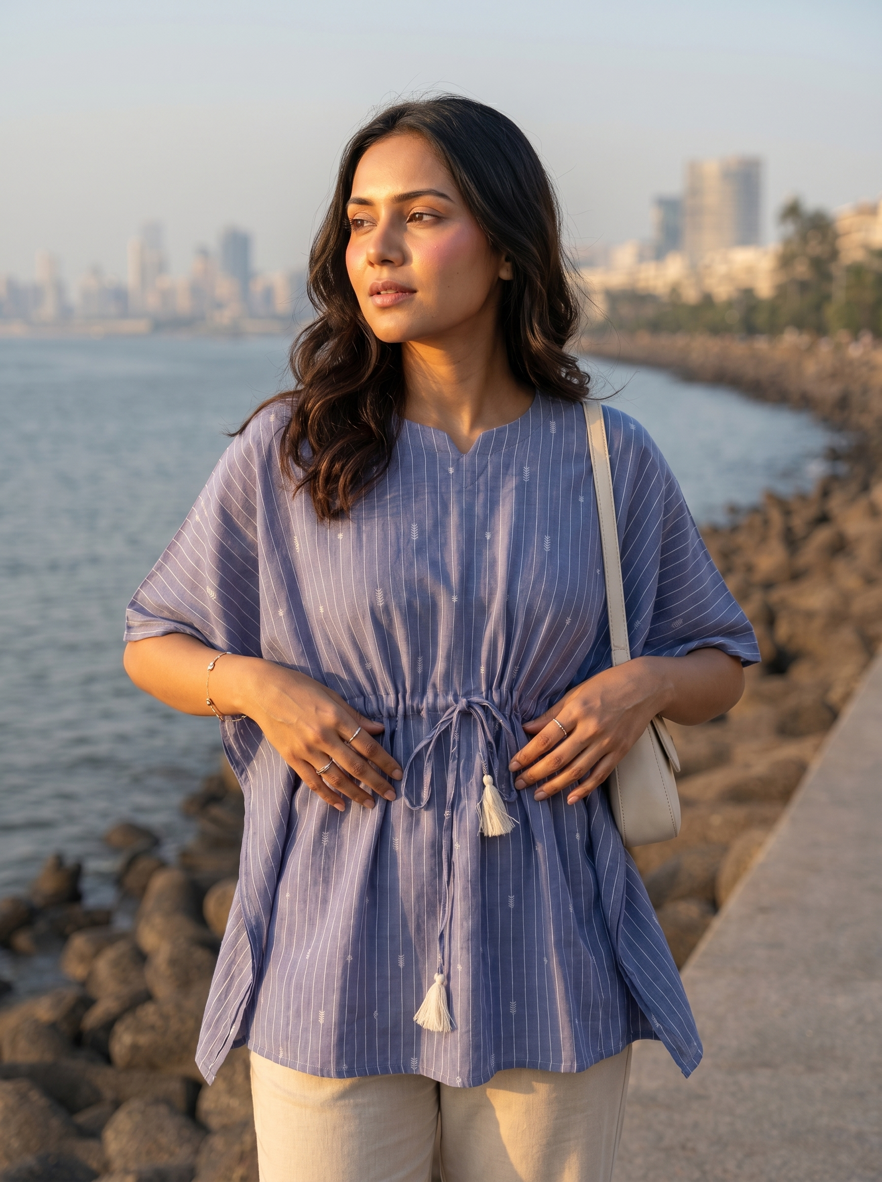 Kaftan Top #44 - Stripes printed organic cotton kaftan top in denim blue