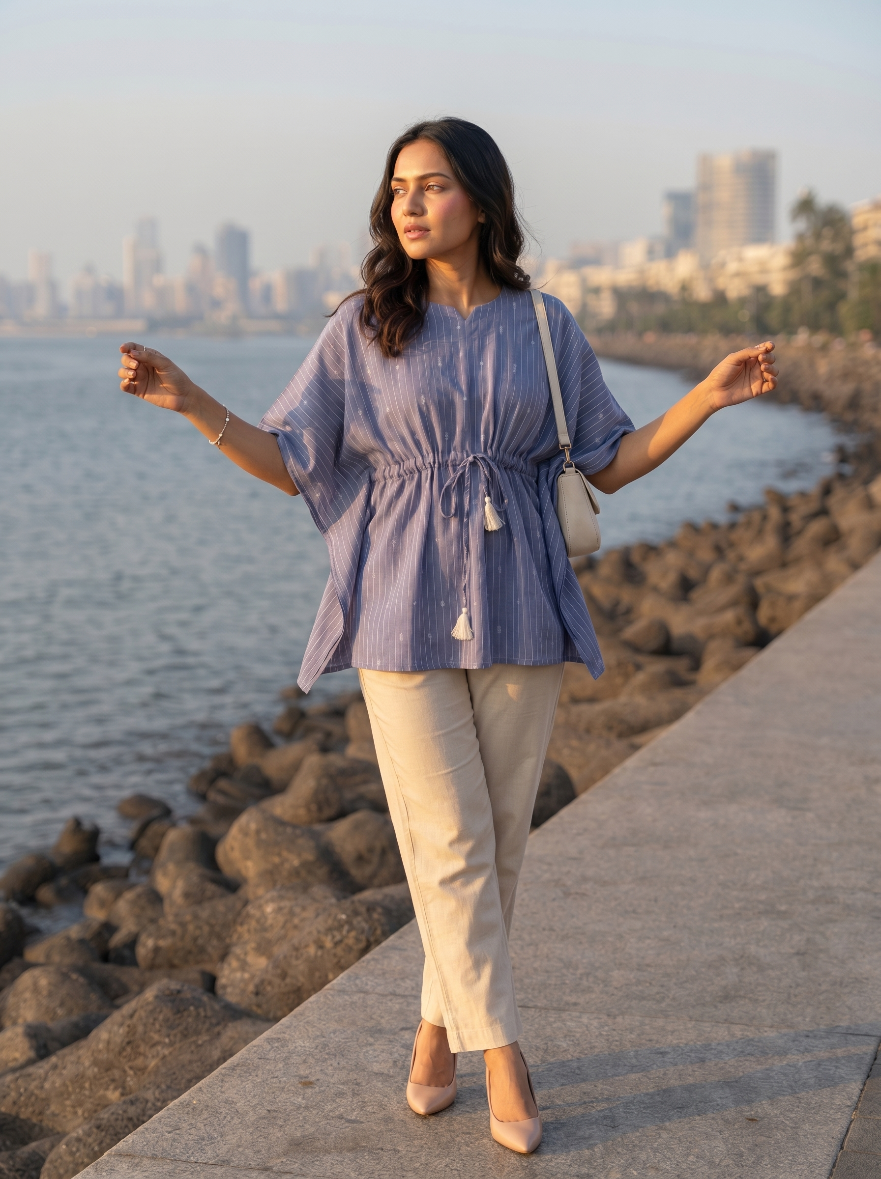 Kaftan Top #44 - Stripes printed organic cotton kaftan top in denim blue