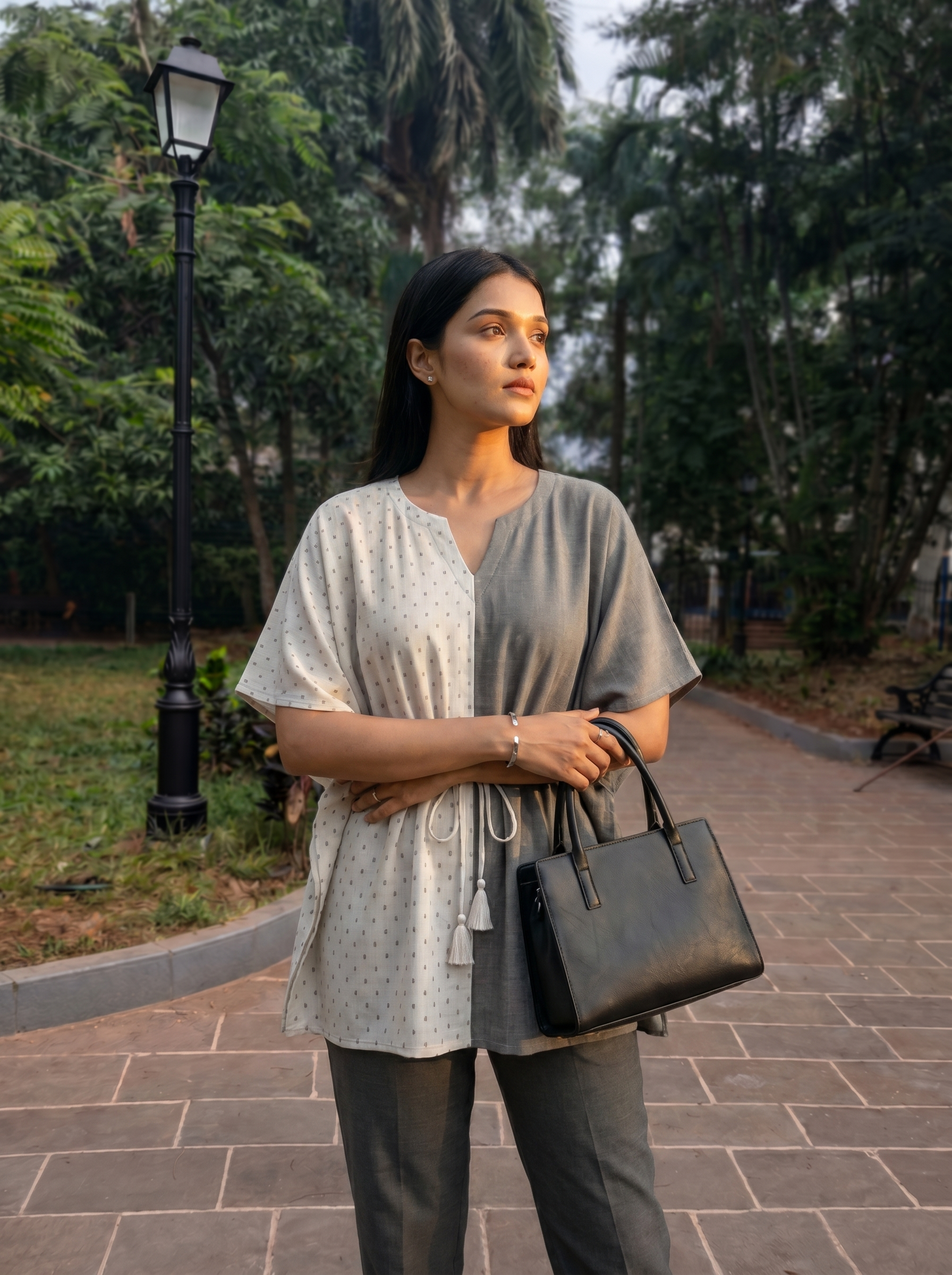 Kaftan Top #43- small motif printed organic cotton kaftan top in Grey & white