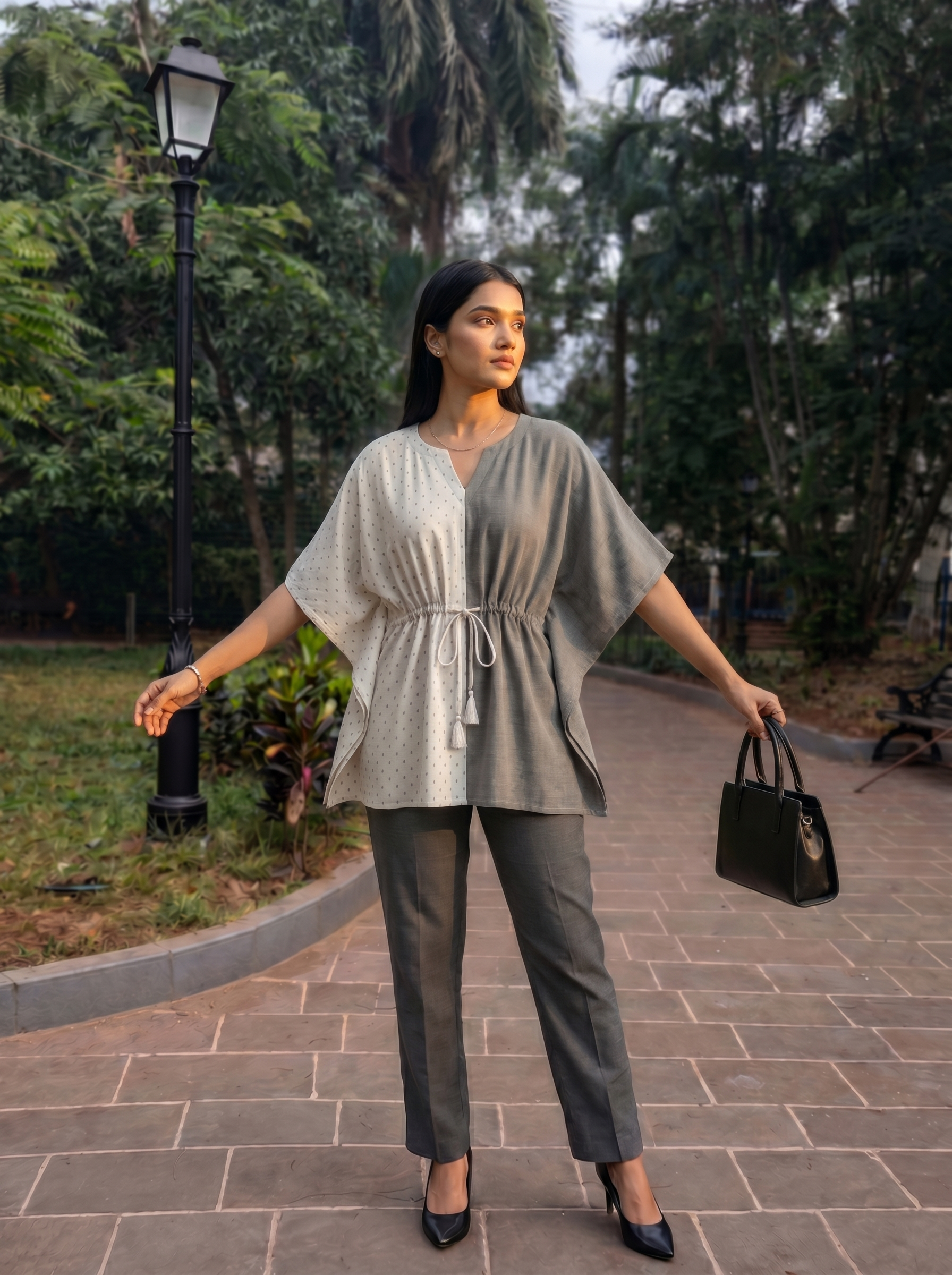 Kaftan Top #43- small motif printed organic cotton kaftan top in Grey & white