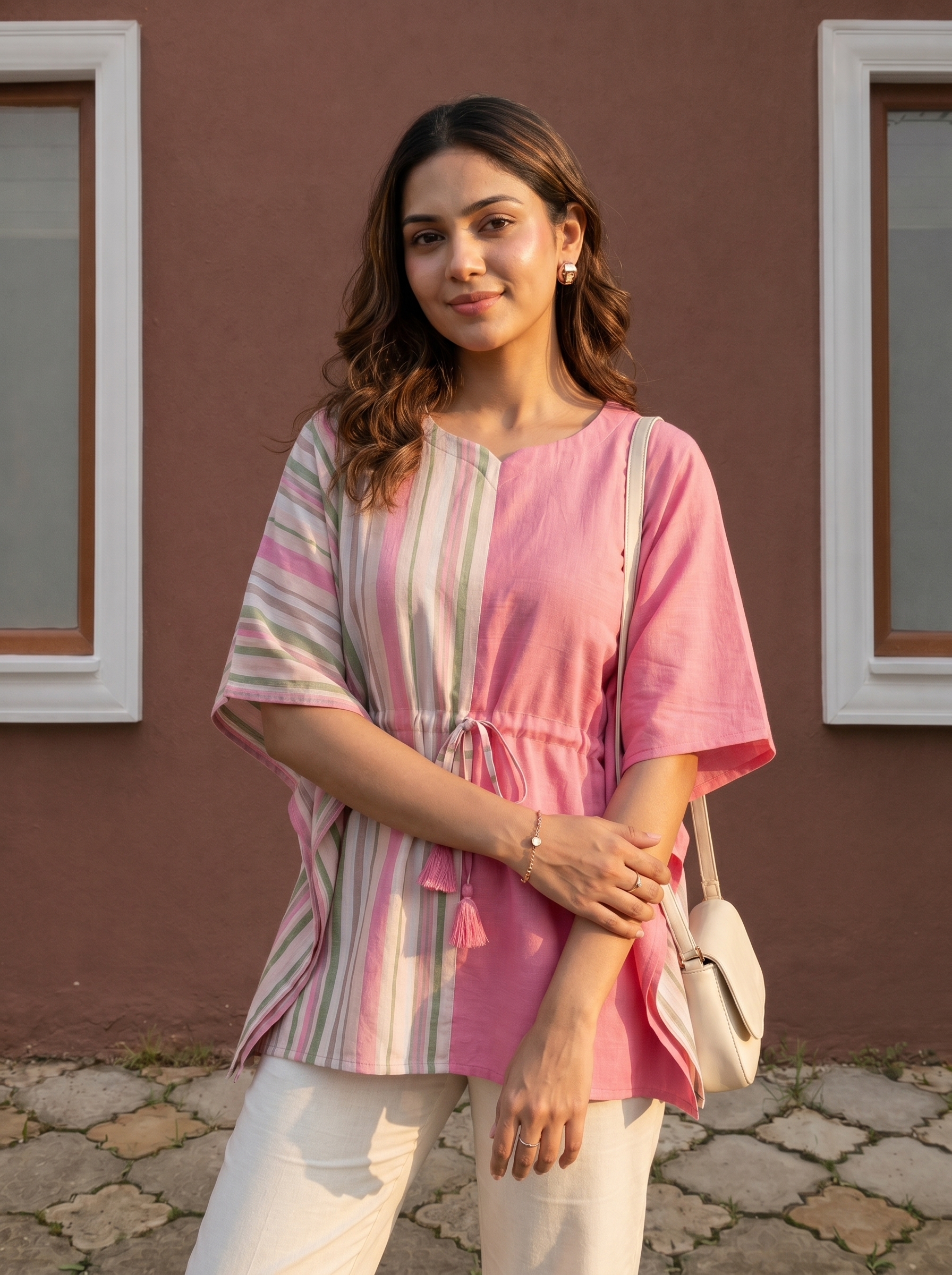 Kaftan Top #42- Stripes printed organic cotton kaftan top in  Pink