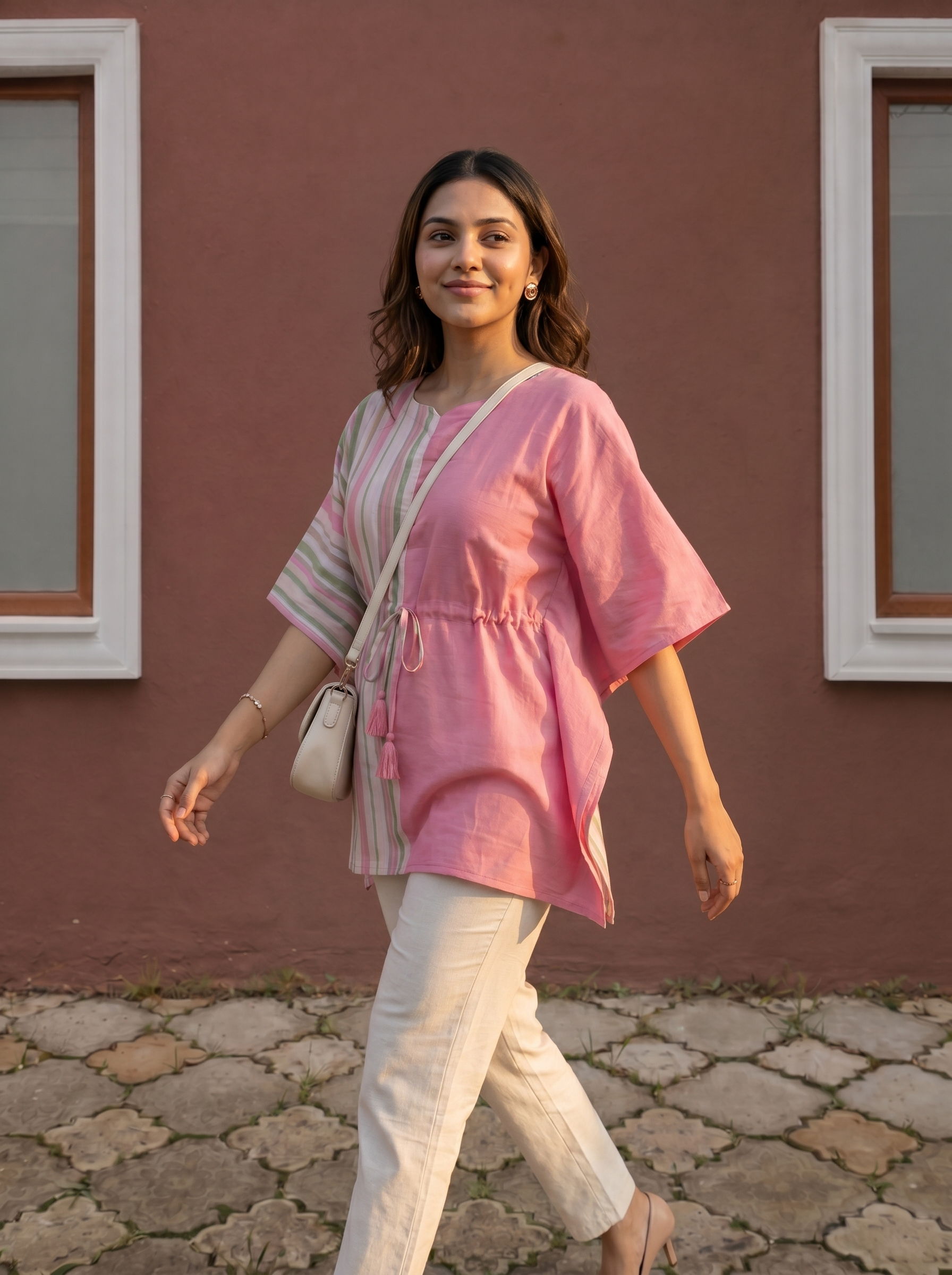 Kaftan Top #42- Stripes printed organic cotton kaftan top in  Pink