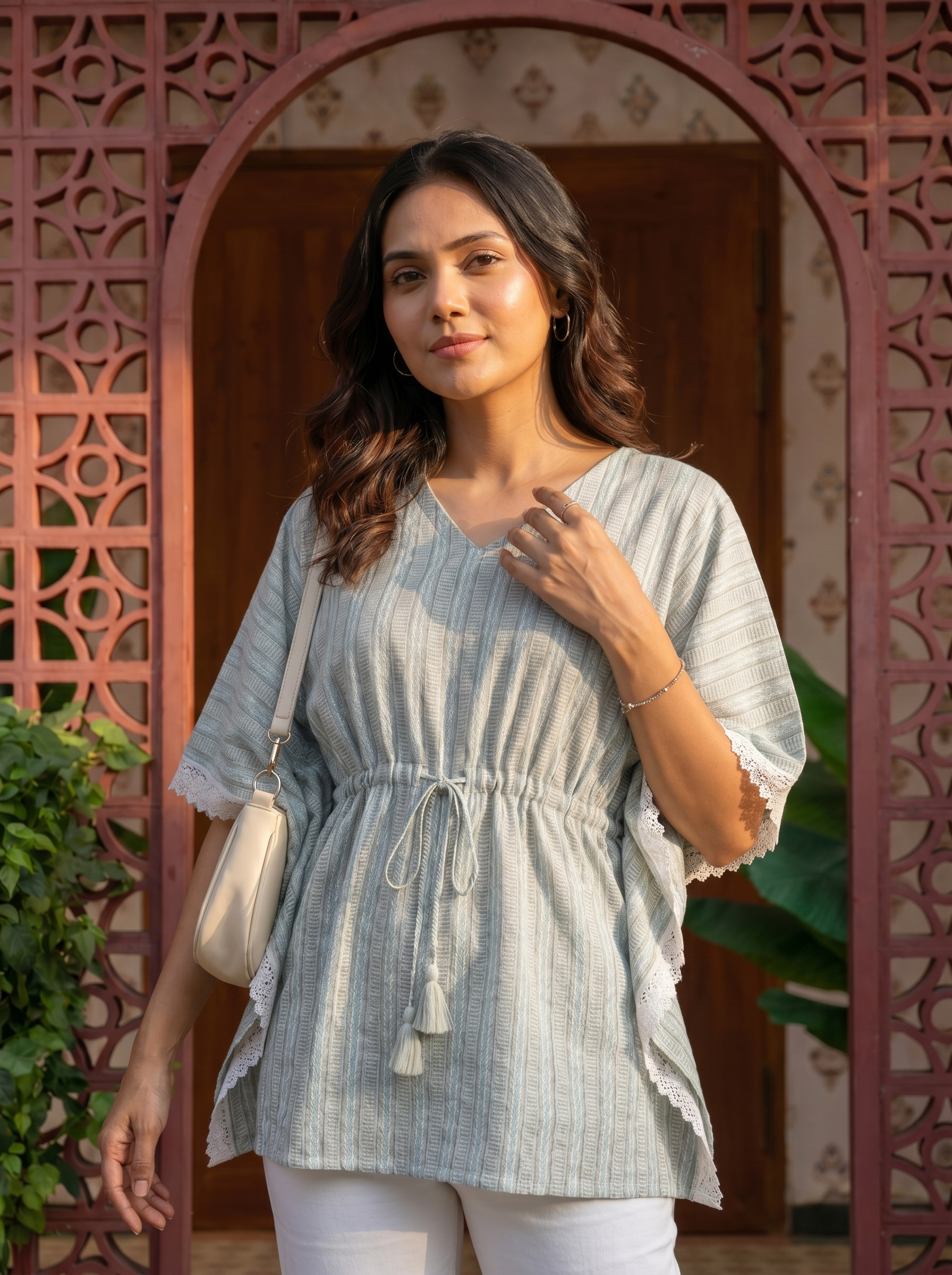Kaftan Top #60- stripes printed organic cotton kaftan top in Soft sage green
