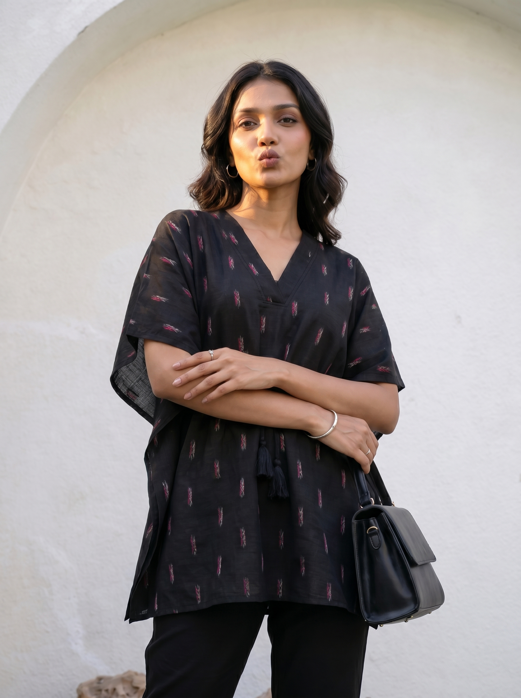 Kaftan Top #61- small motif printed organic cotton kaftan top in Black