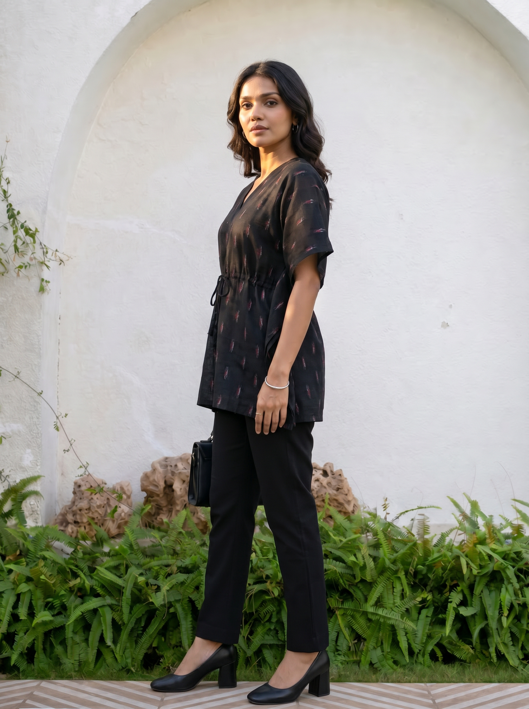 Kaftan Top #61- small motif printed organic cotton kaftan top in Black
