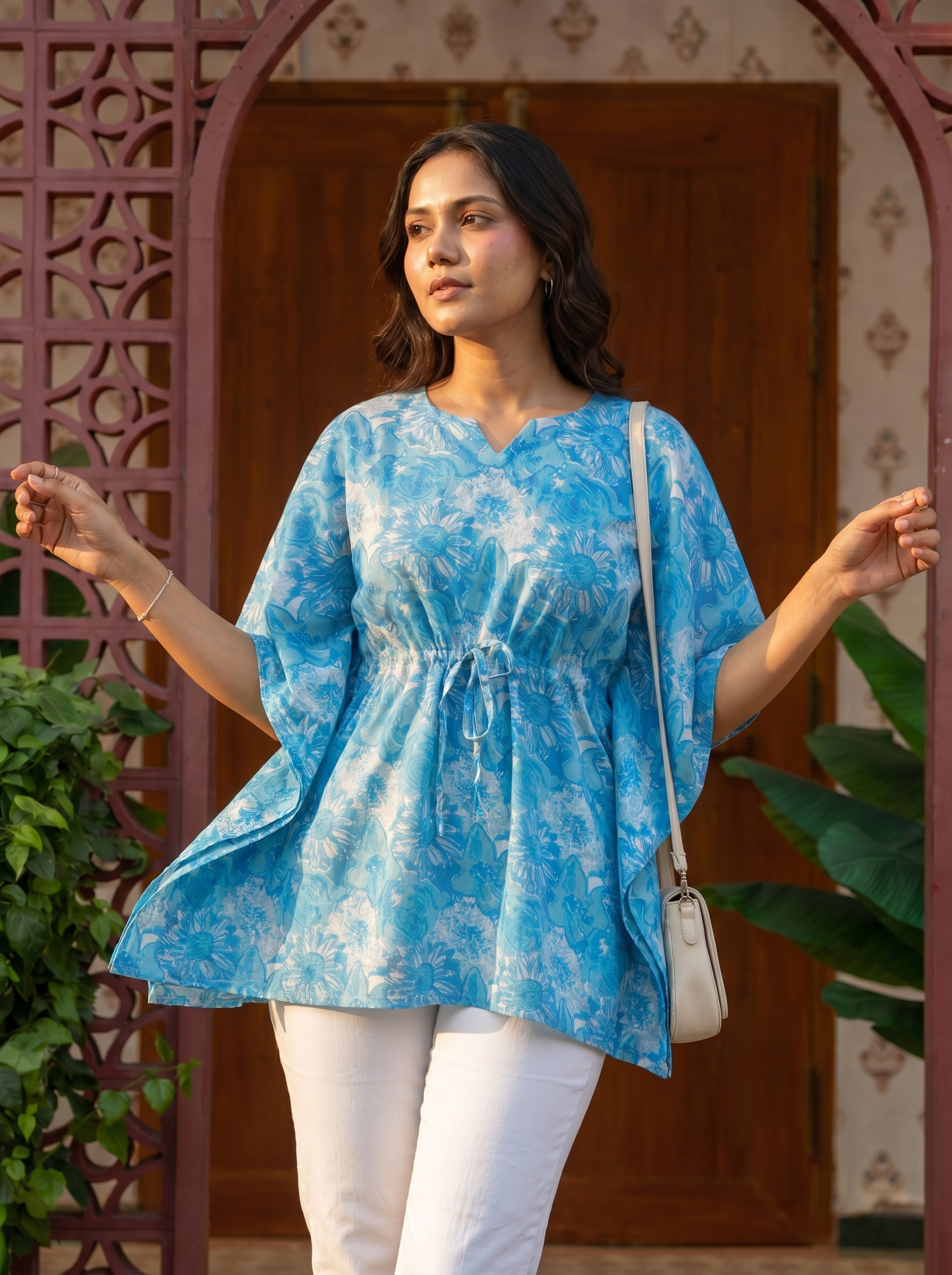 Kaftan Top #62- floral printed organic cotton kaftan top in Sky blue